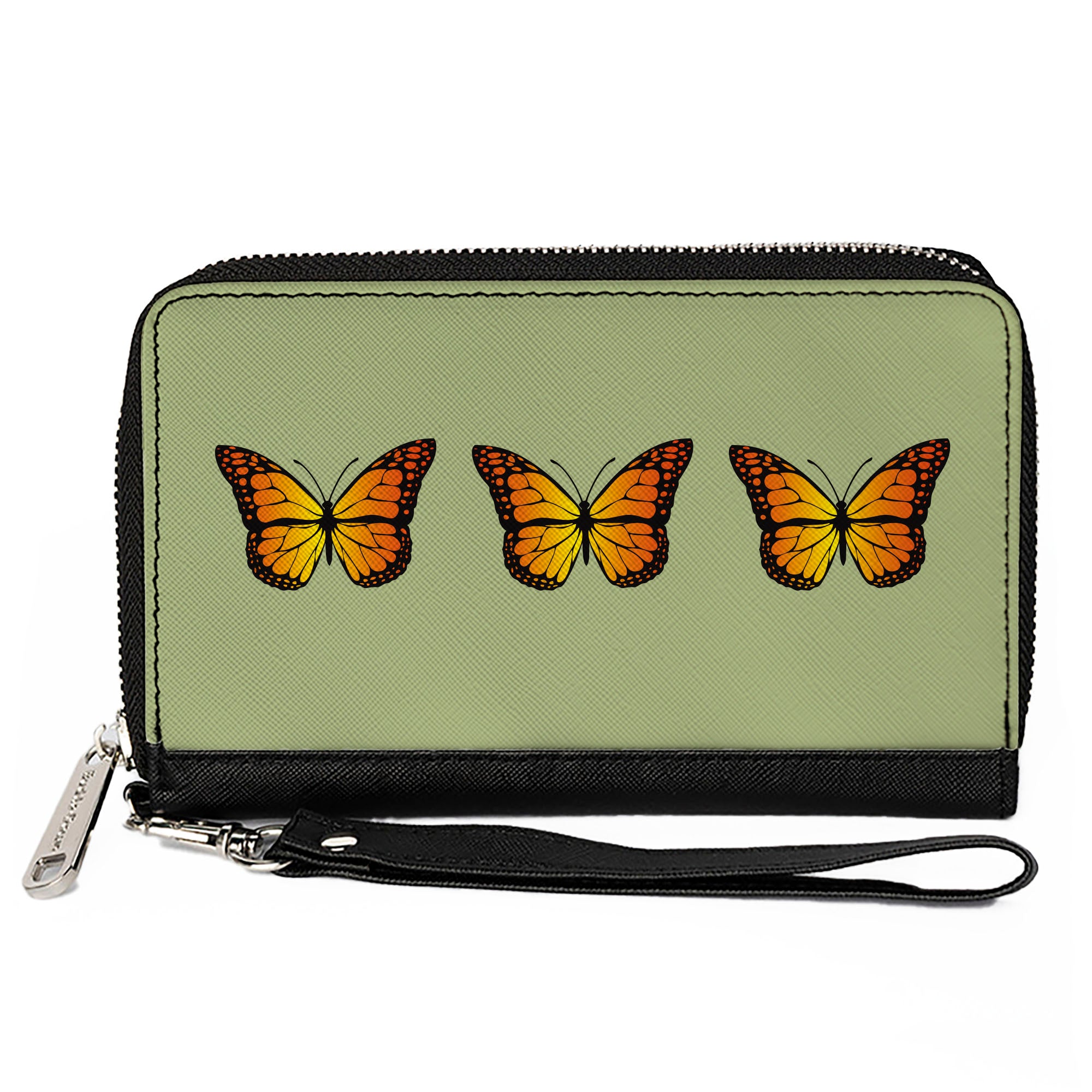 Women's PU Zip Around Wallet Rectangle - Monarch Butterfly Trio Olive Green Clutch Zip Around Wallets Buckle-Down   