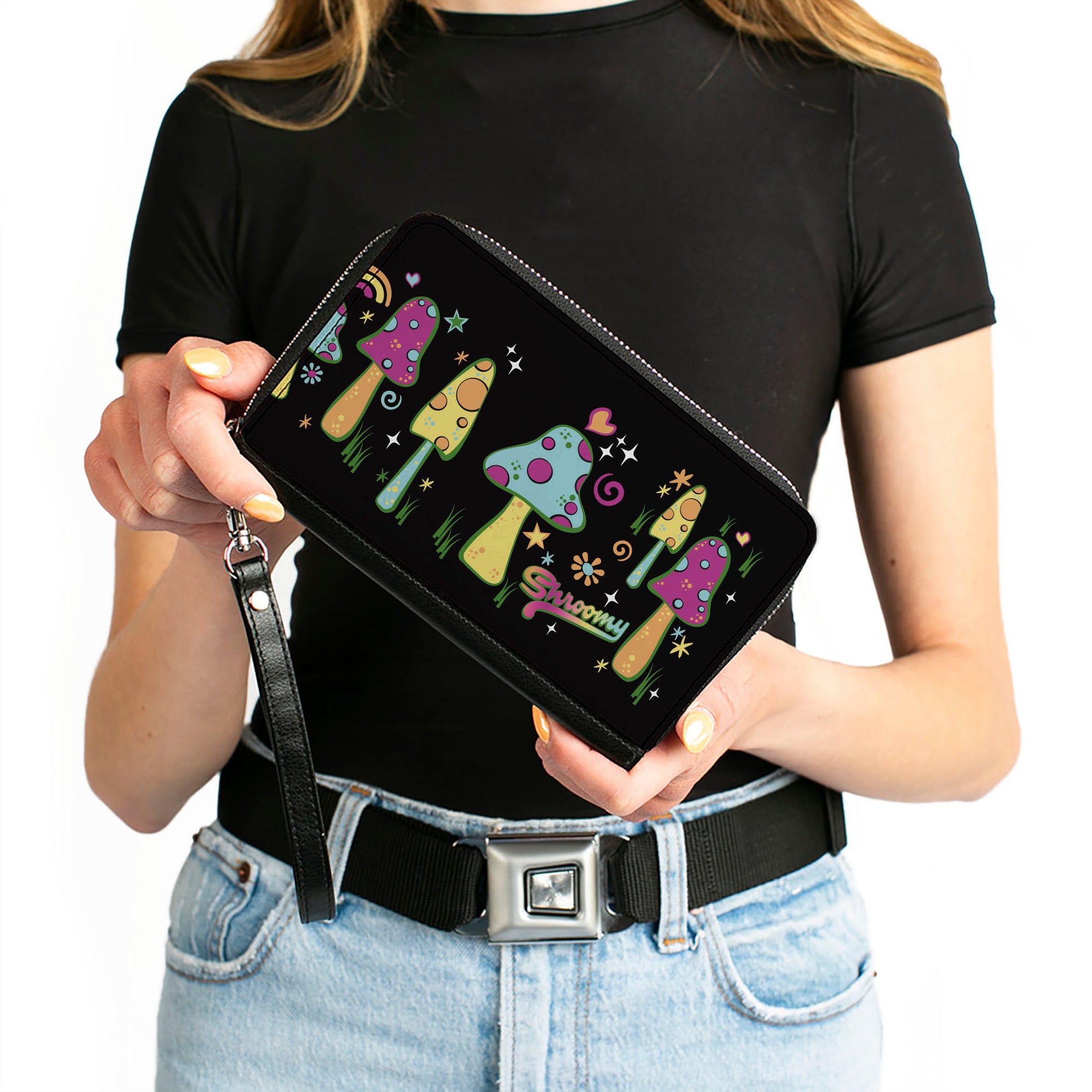 PU Zip Around Wallet Rectangle - Mushroom SHROOMY Vibrant Garden2 Black Multi Color Clutch Zip Around Wallets Buckle-Down   