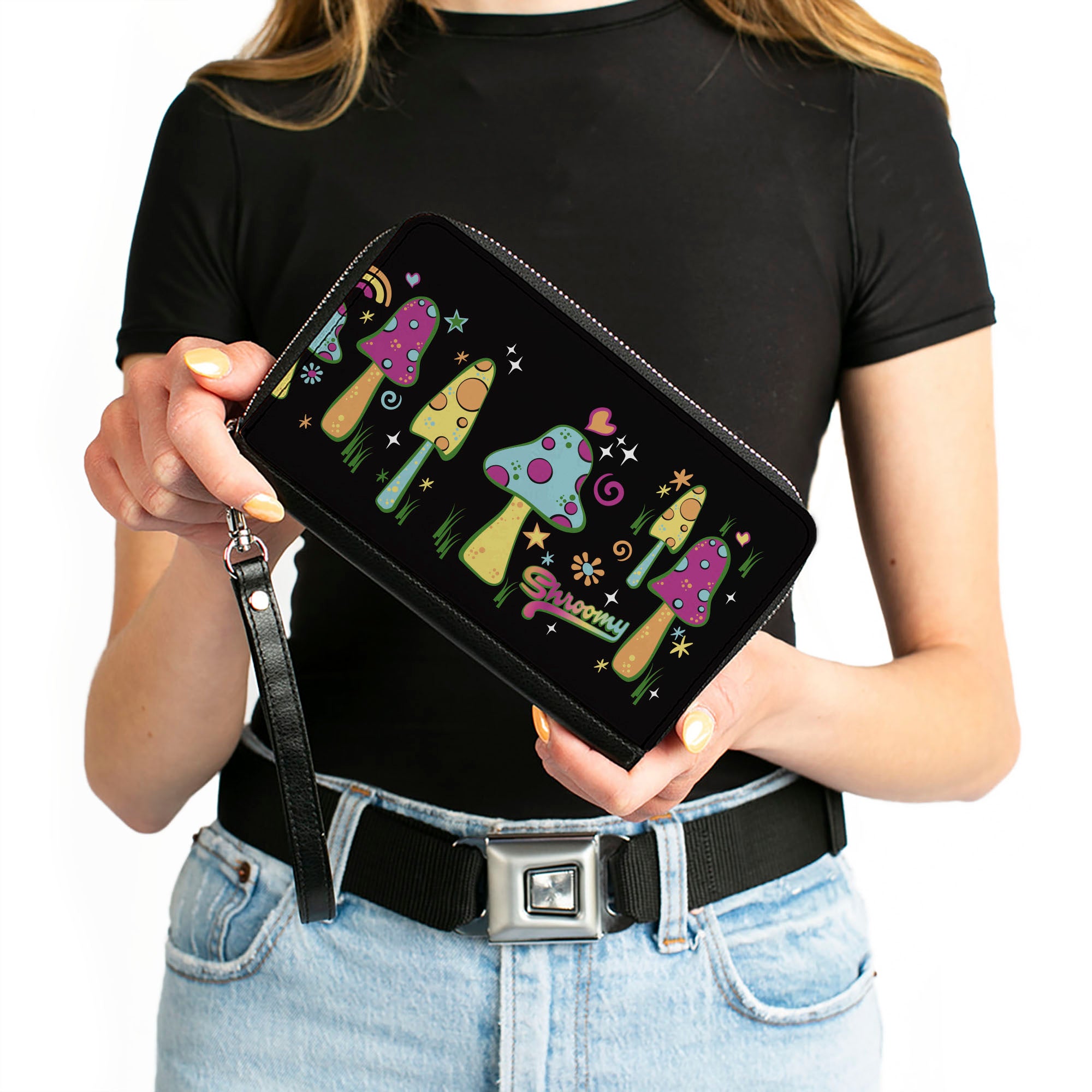 PU Zip Around Wallet Rectangle - Mushroom SHROOMY Vibrant Garden2 Black Multi Color Clutch Zip Around Wallets Buckle-Down   
