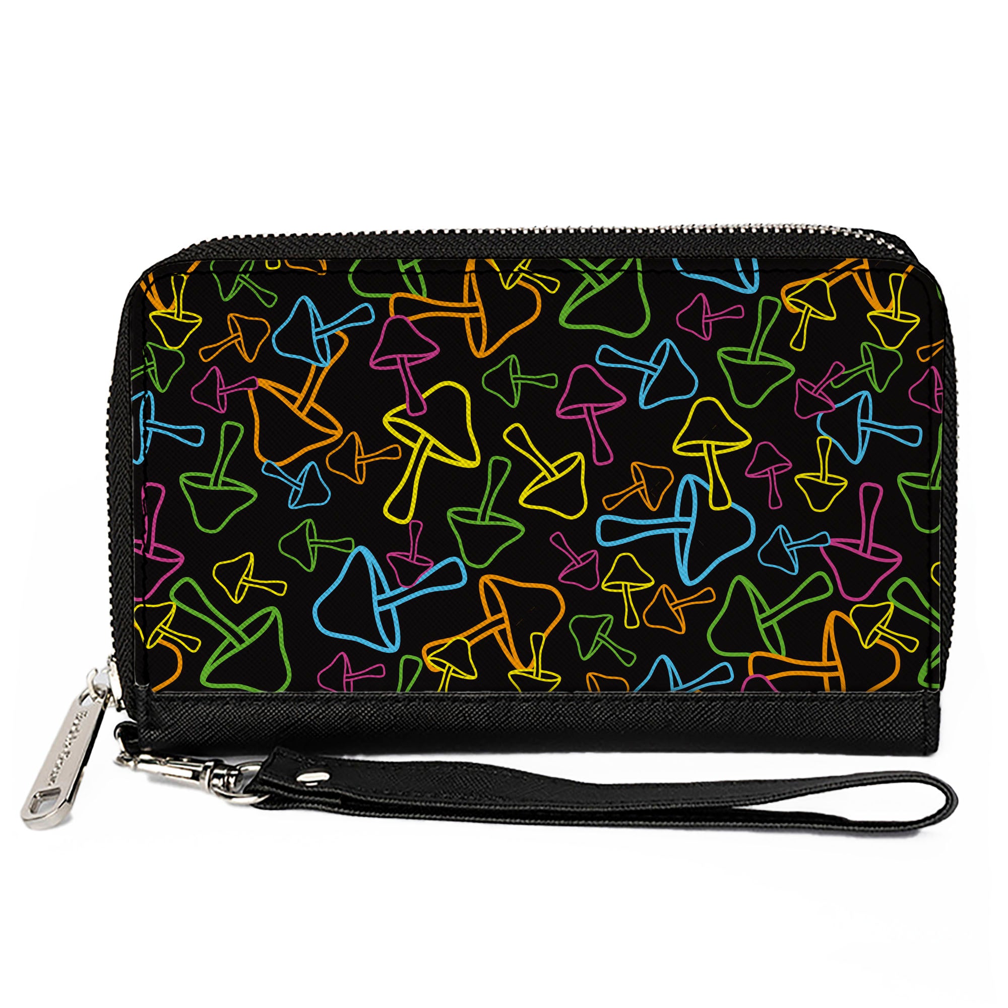 PU Zip Around Wallet Rectangle - Mushroom Outlines Scattered2 Black Multi Neon Clutch Zip Around Wallets Buckle-Down   