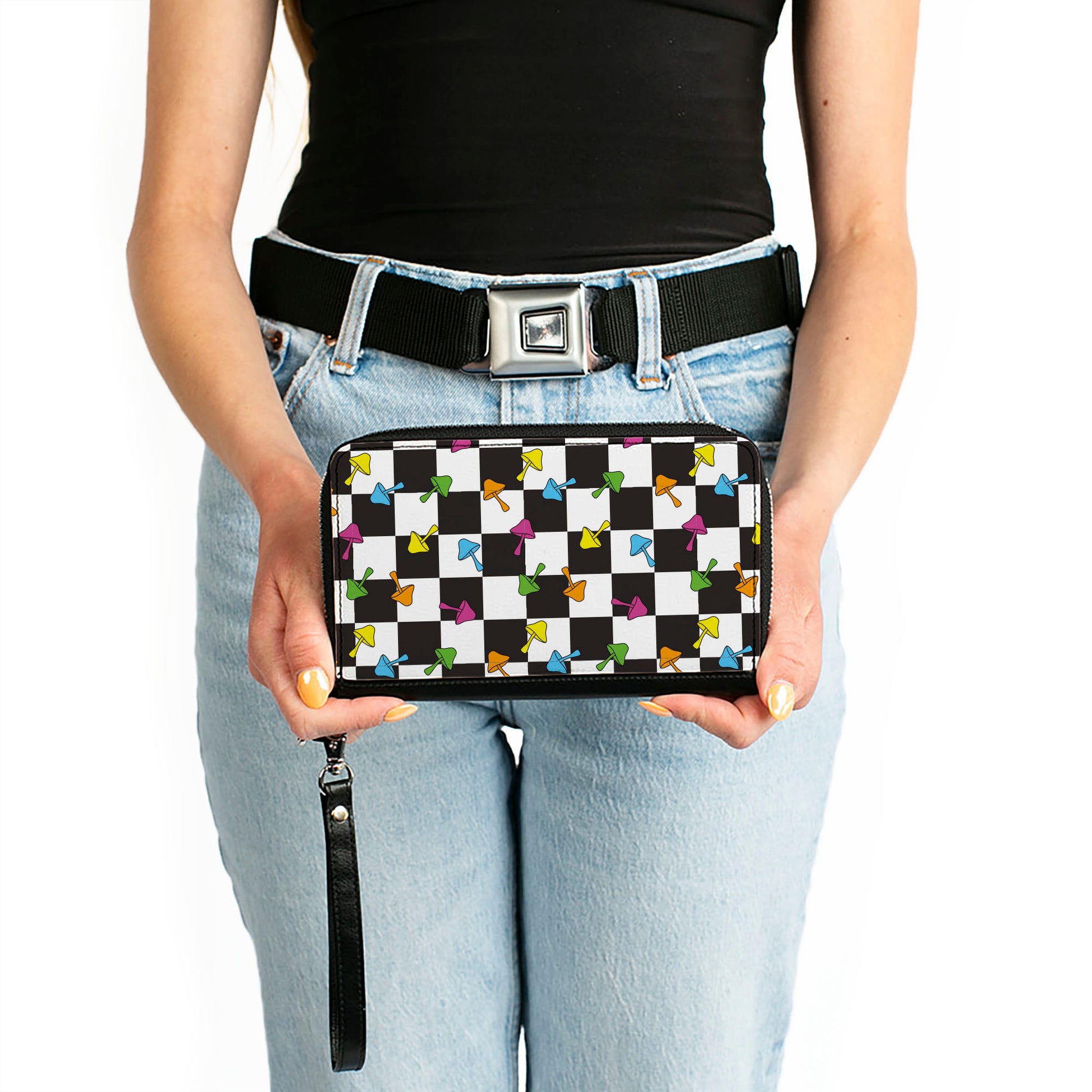 PU Zip Around Wallet Rectangle - Mushrooms Scattered2 Checker Black White Multi Neon Clutch Zip Around Wallets Buckle-Down   