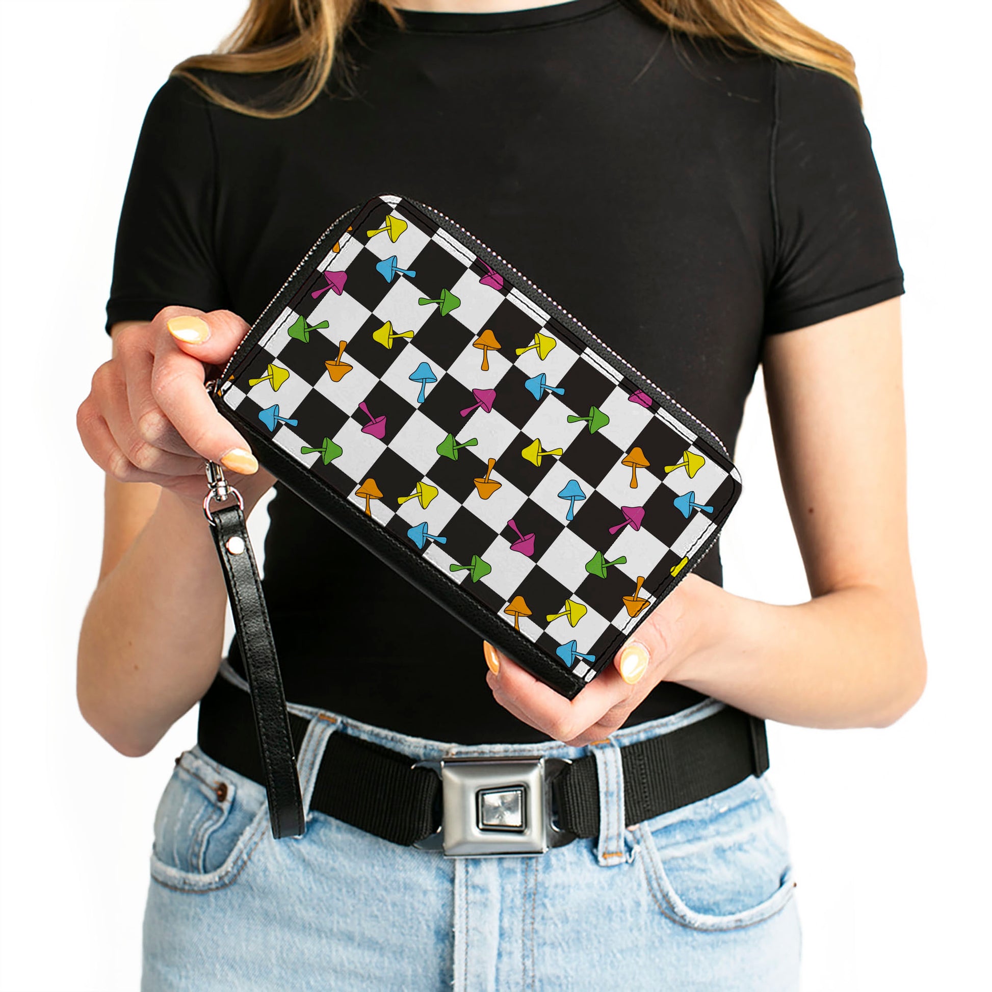 PU Zip Around Wallet Rectangle - Mushrooms Scattered2 Checker Black White Multi Neon Clutch Zip Around Wallets Buckle-Down   