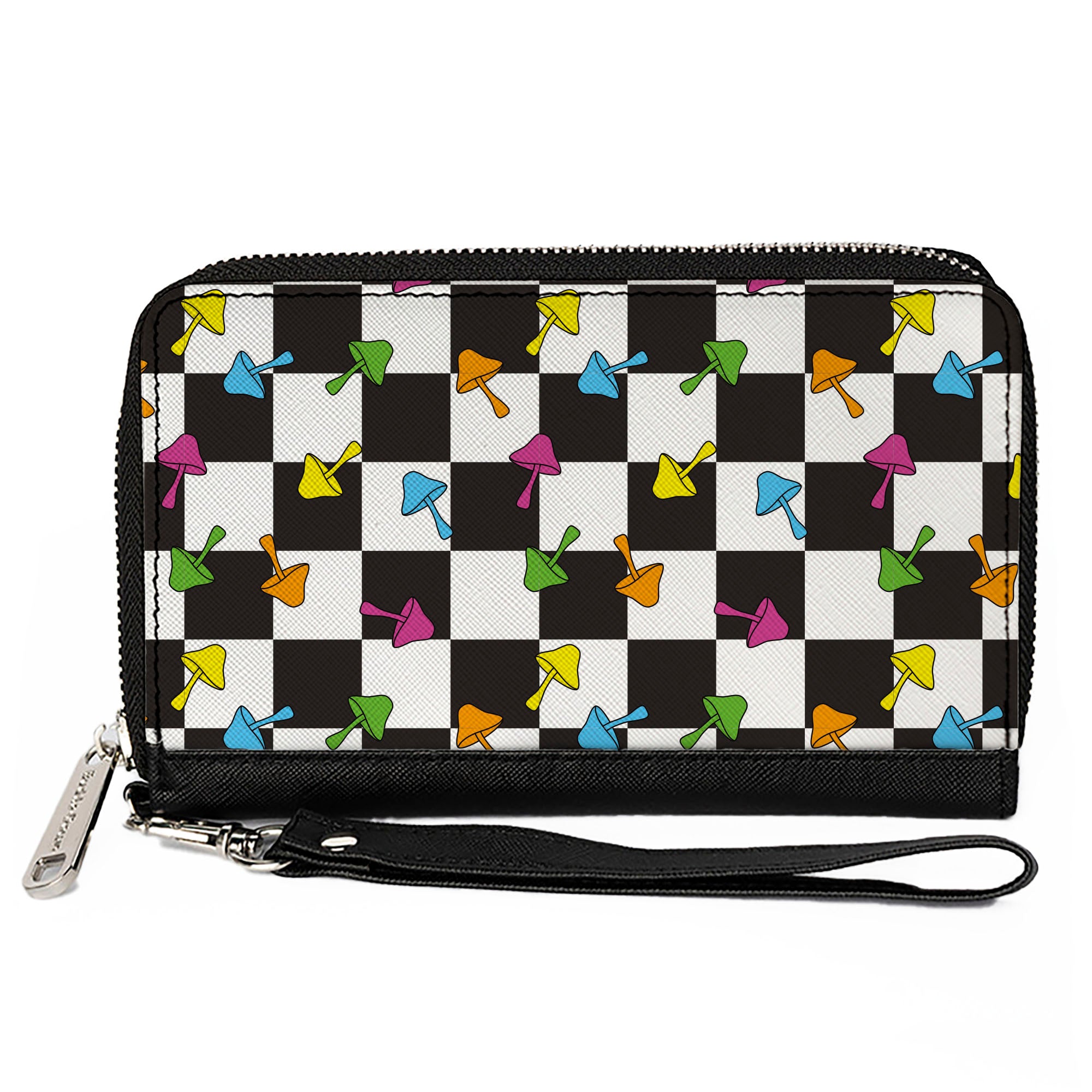 PU Zip Around Wallet Rectangle - Mushrooms Scattered2 Checker Black White Multi Neon Clutch Zip Around Wallets Buckle-Down   