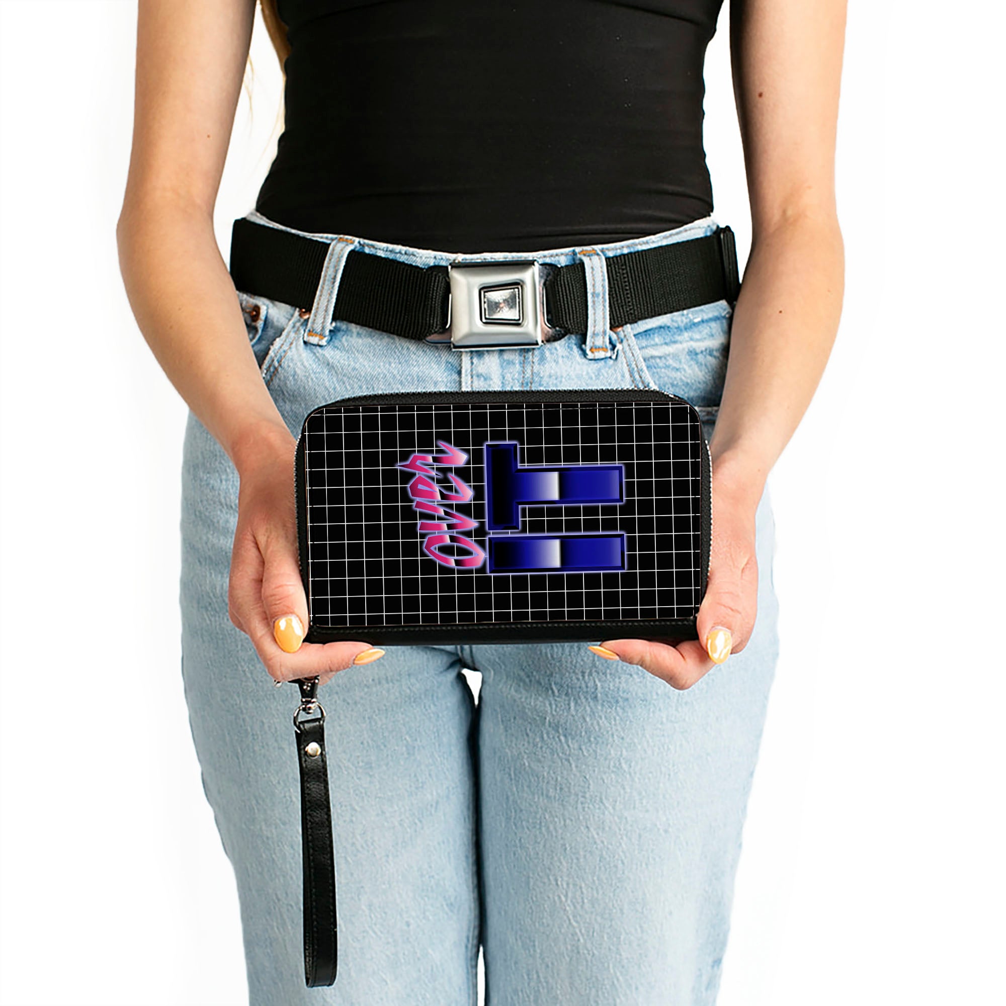 Women's PU Zip Around Wallet Rectangle - OVER IT Grid Black White Pinks Purples Clutch Zip Around Wallets Buckle-Down   