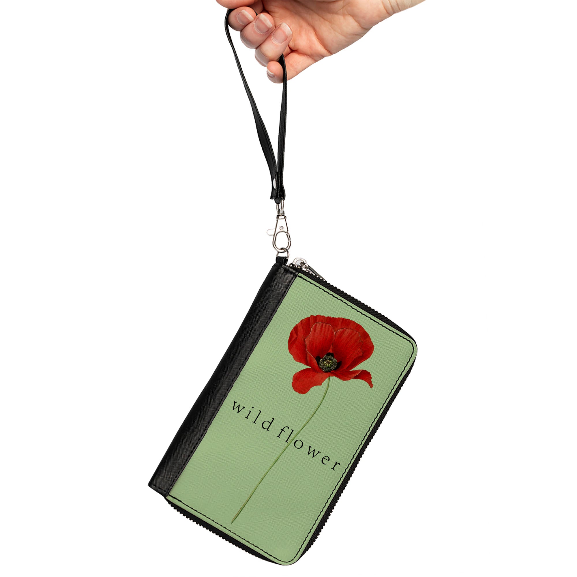 Women's PU Zip Around Wallet Rectangle - Poppy Flower WILD FLOWER Green Reds Clutch Zip Around Wallets Buckle-Down   