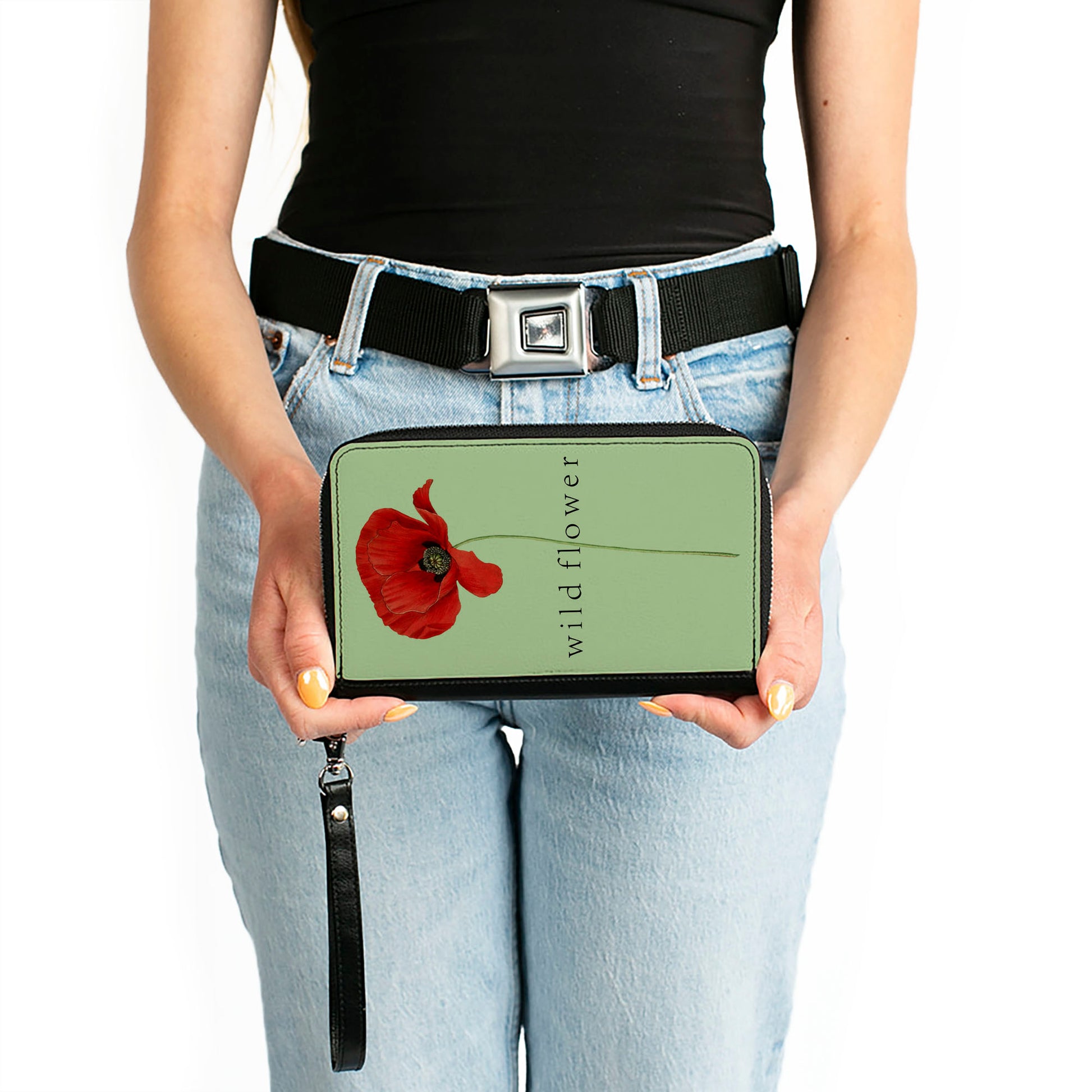 Women's PU Zip Around Wallet Rectangle - Poppy Flower WILD FLOWER Green Reds Clutch Zip Around Wallets Buckle-Down   