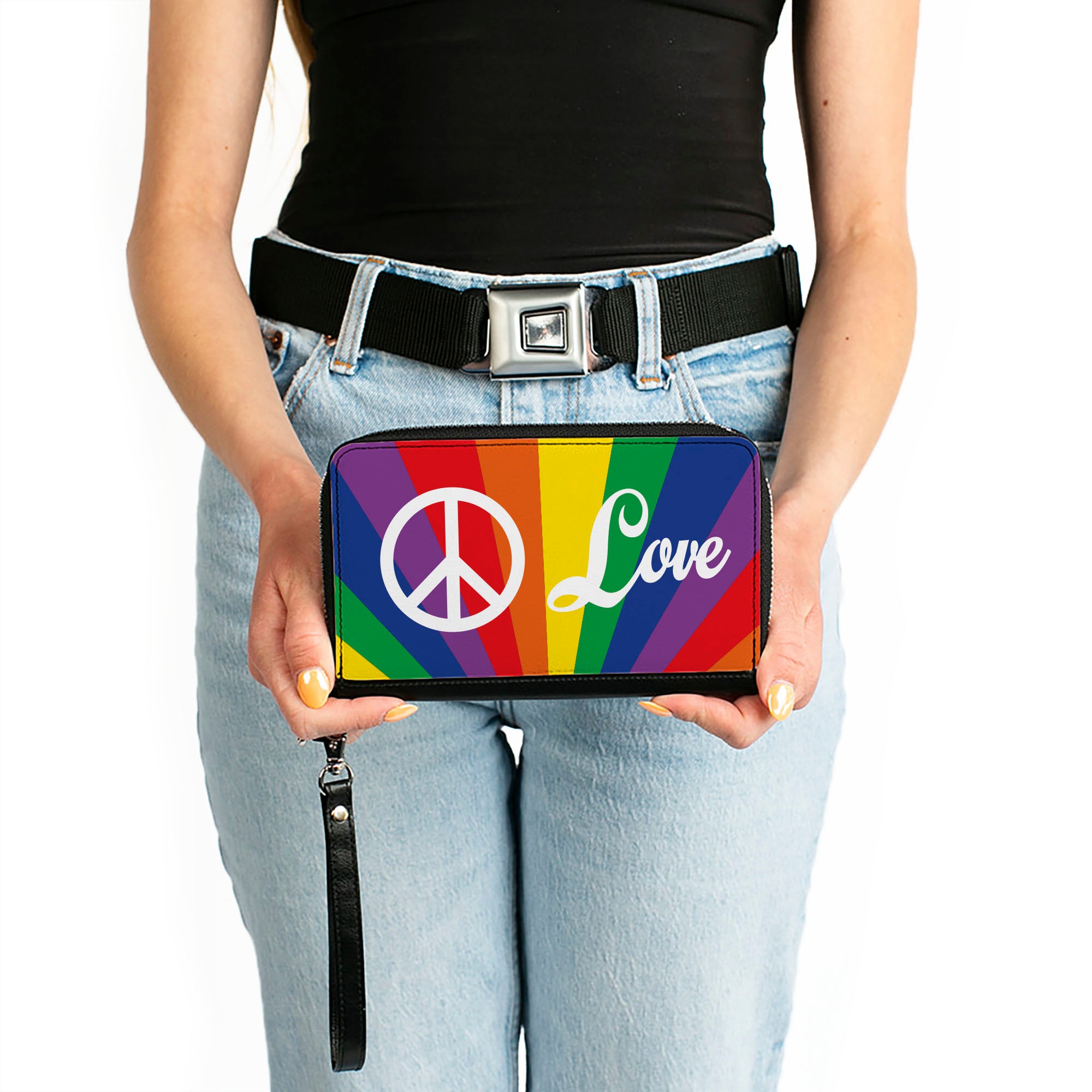 Women's PU Zip Around Wallet Rectangle - PEACE and LOVE Rainbow Rays Multi Color White Clutch Zip Around Wallets Buckle-Down   