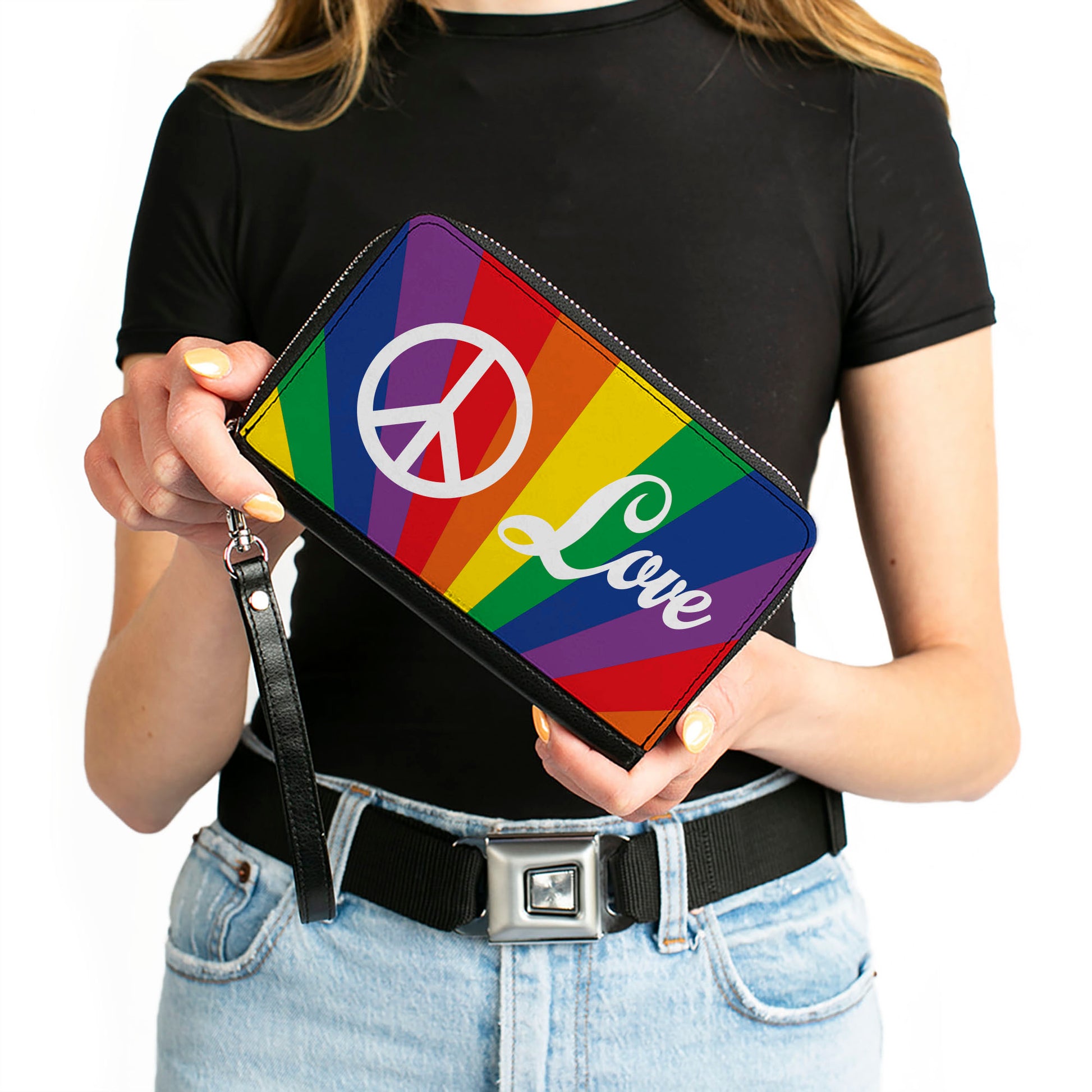 Women's PU Zip Around Wallet Rectangle - PEACE and LOVE Rainbow Rays Multi Color White Clutch Zip Around Wallets Buckle-Down   