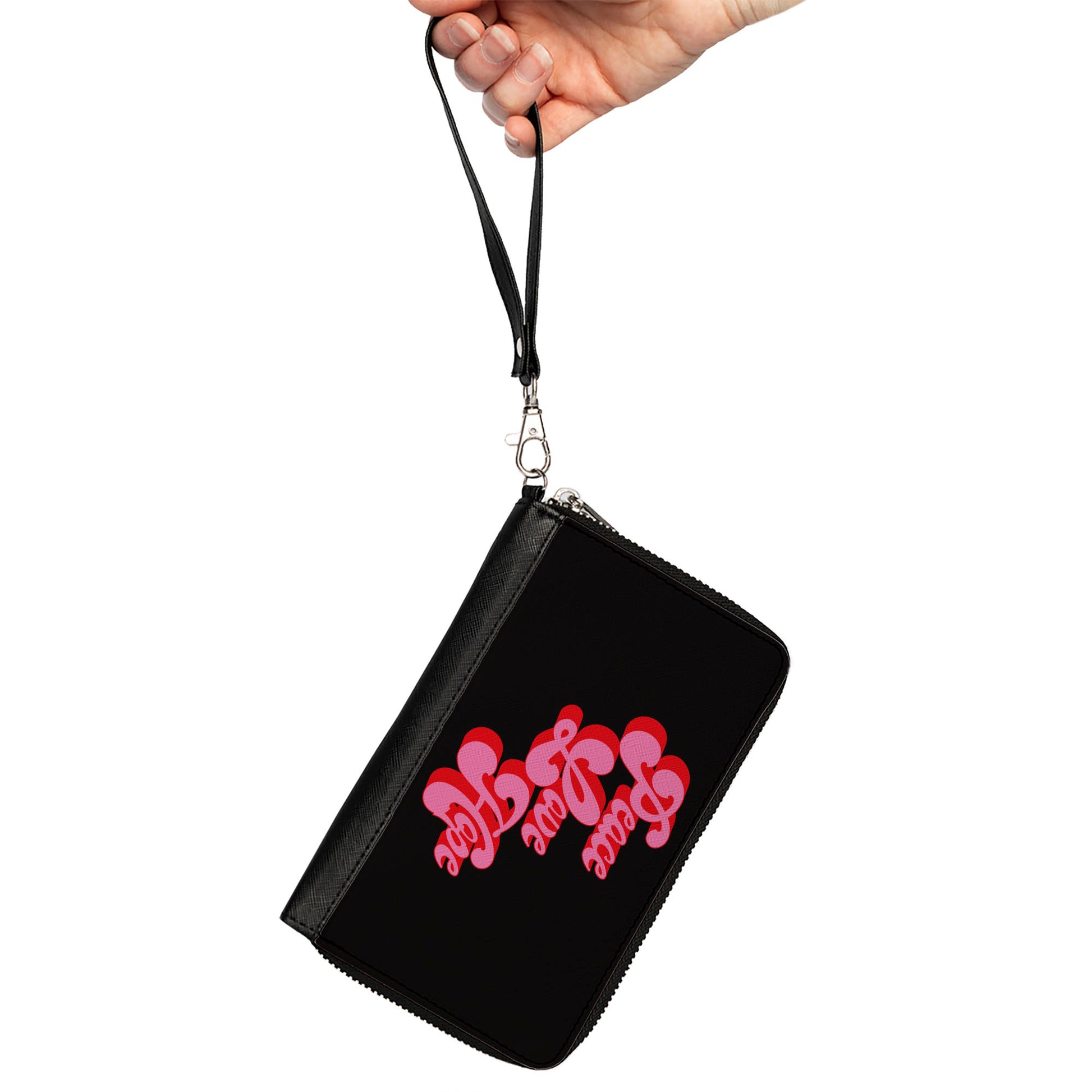 PU Zip Around Wallet Rectangle - PEACE LOVE HOPE Script Black Red Pink Clutch Zip Around Wallets Buckle-Down   