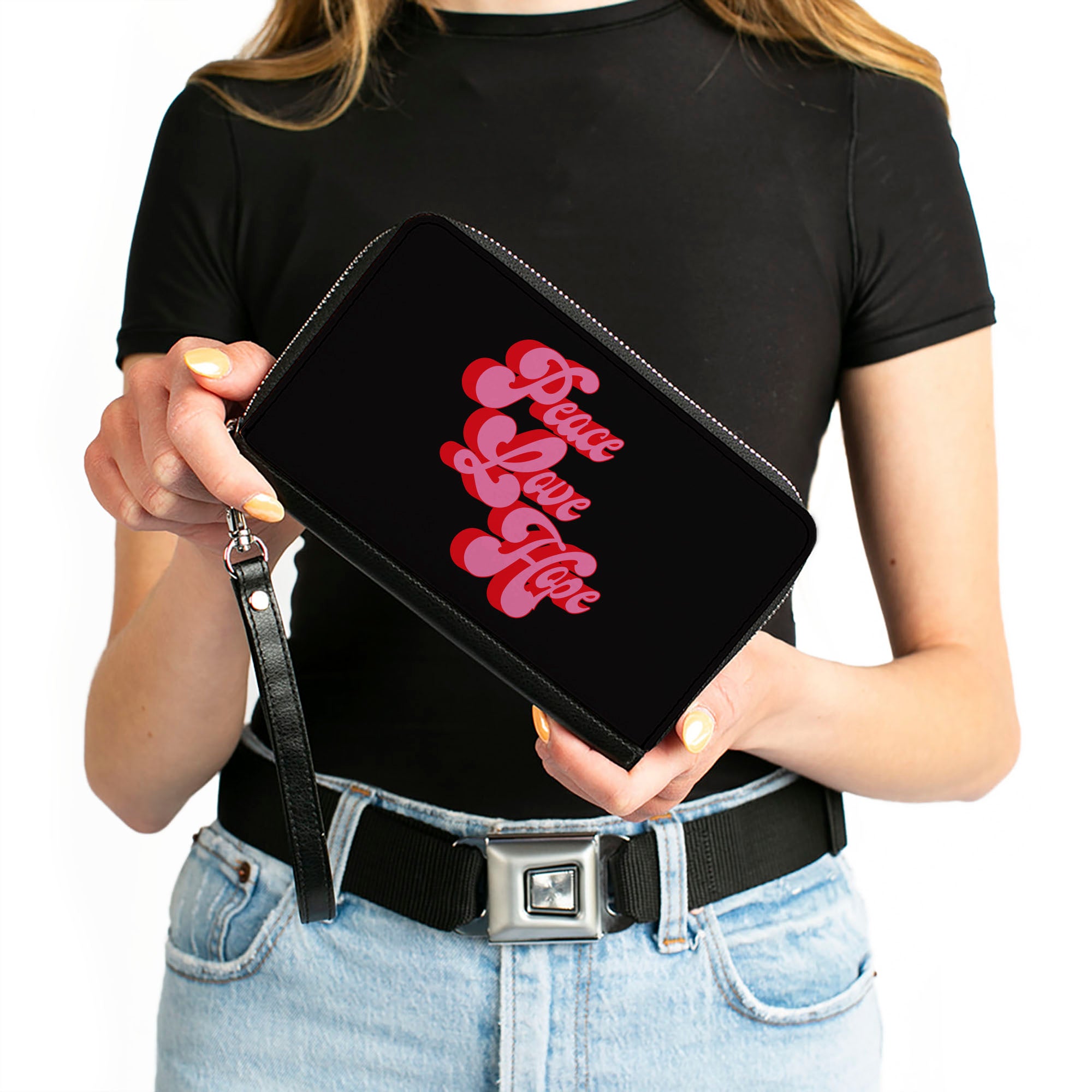 PU Zip Around Wallet Rectangle - PEACE LOVE HOPE Script Black Red Pink Clutch Zip Around Wallets Buckle-Down   