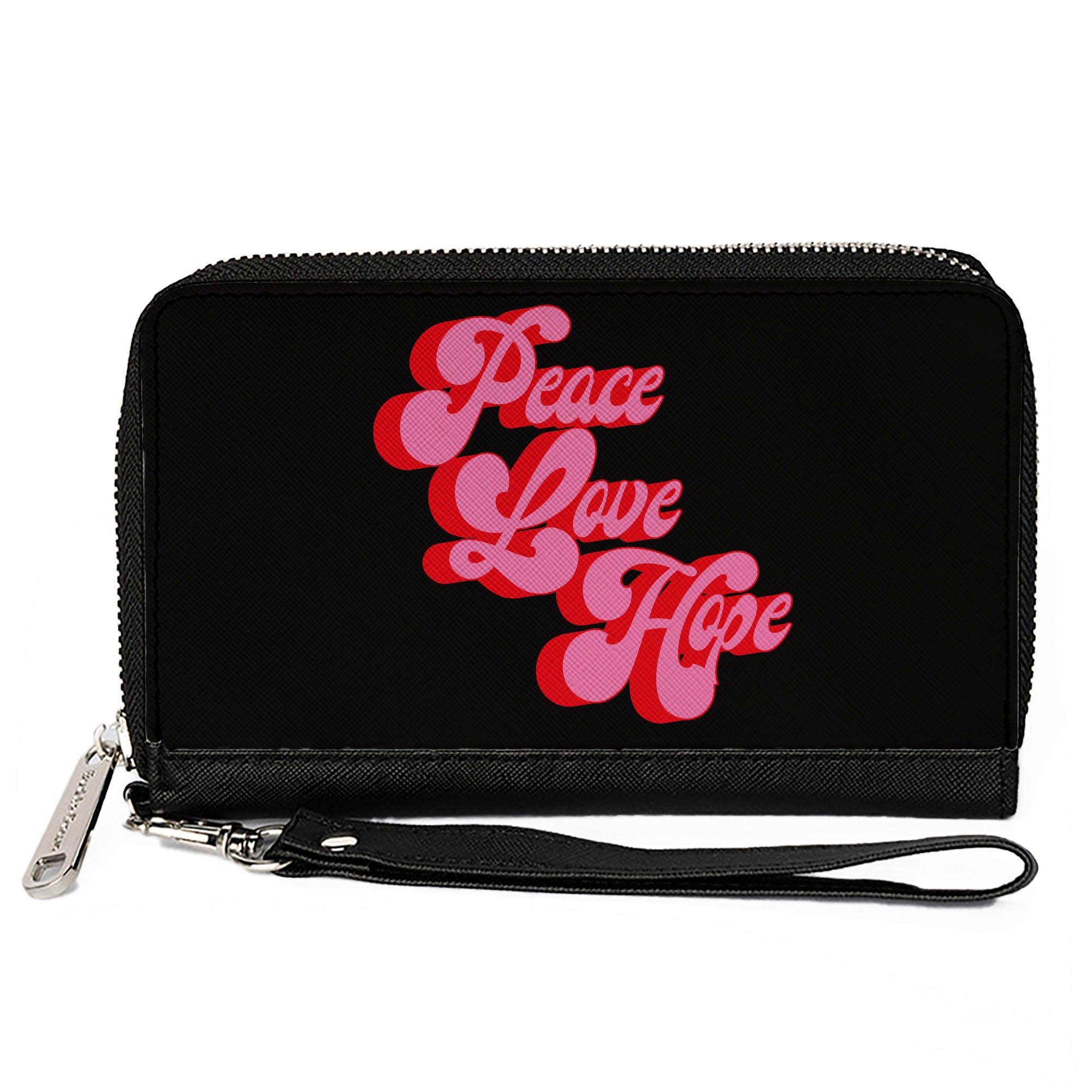 PU Zip Around Wallet Rectangle - PEACE LOVE HOPE Script Black Red Pink Clutch Zip Around Wallets Buckle-Down   