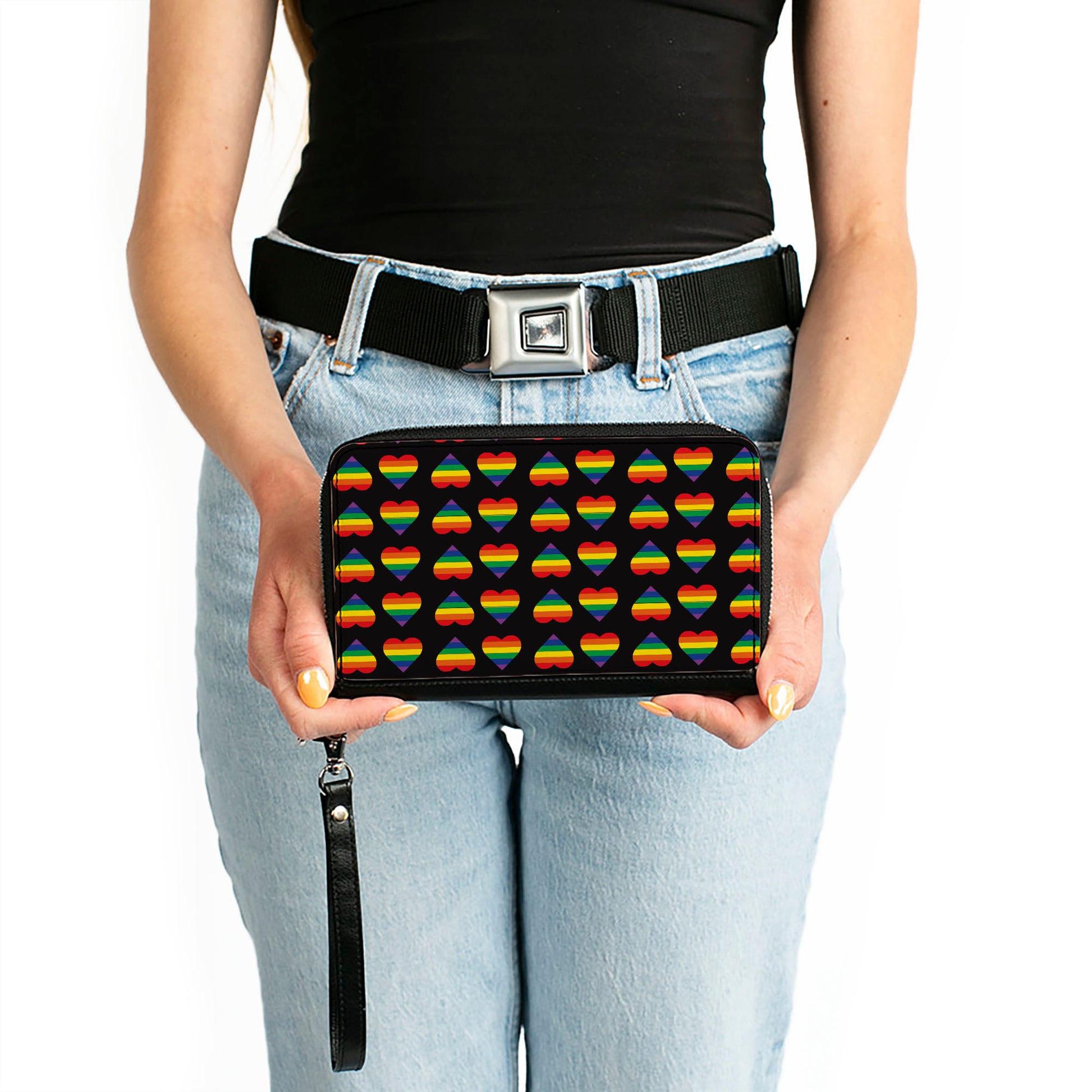 Women's PU Zip Around Wallet Rectangle - Rainbow Hearts Flip Black Multi Color Clutch Zip Around Wallets Buckle-Down   
