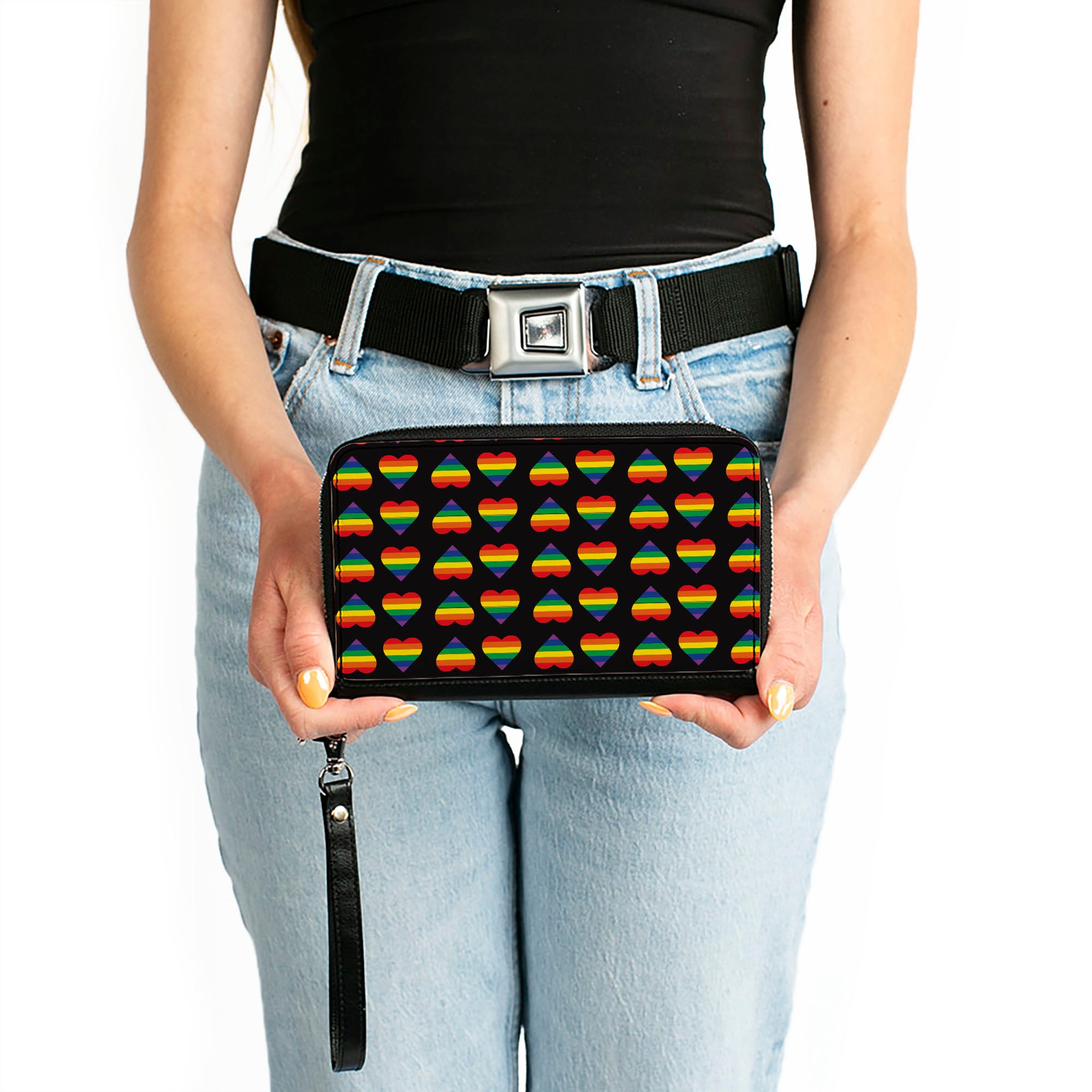 Women's PU Zip Around Wallet Rectangle - Rainbow Hearts Flip Black Multi Color Clutch Zip Around Wallets Buckle-Down   
