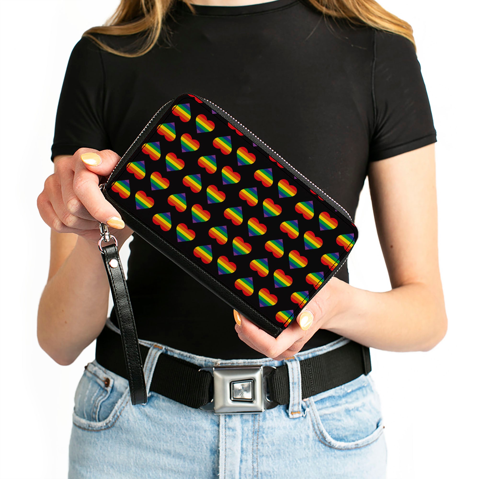 Women's PU Zip Around Wallet Rectangle - Rainbow Hearts Flip Black Multi Color Clutch Zip Around Wallets Buckle-Down   