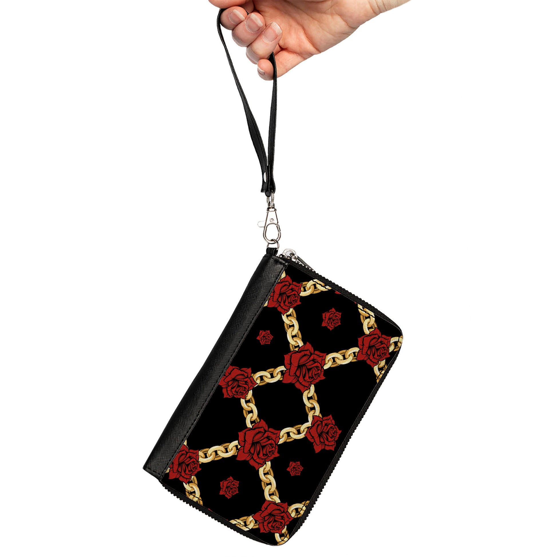 PU Zip Around Wallet Rectangle - Red Roses and Gold Chain Black Clutch Zip Around Wallets Buckle-Down   