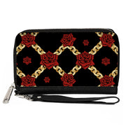 PU Zip Around Wallet Rectangle - Red Roses and Gold Chain Black Clutch Zip Around Wallets Buckle-Down   