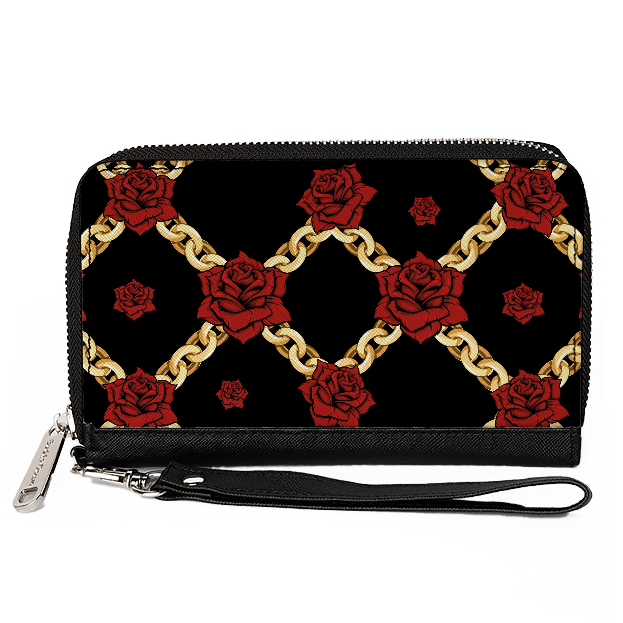 PU Zip Around Wallet Rectangle - Red Roses and Gold Chain Black Clutch Zip Around Wallets Buckle-Down   