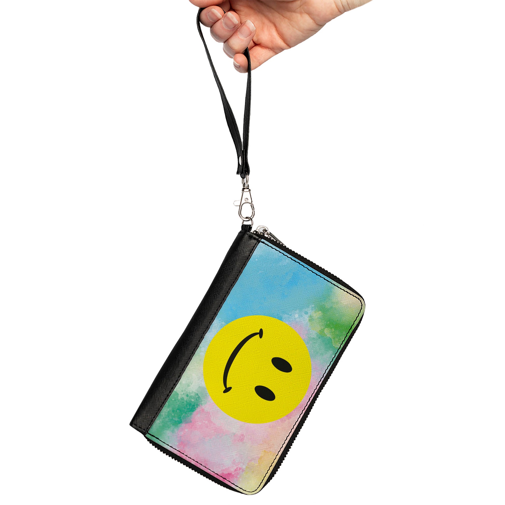 Women's PU Zip Around Wallet Rectangle - Smiley Face Tie Dye Blues Greens Pinks Yellows Clutch Zip Around Wallets Buckle-Down   