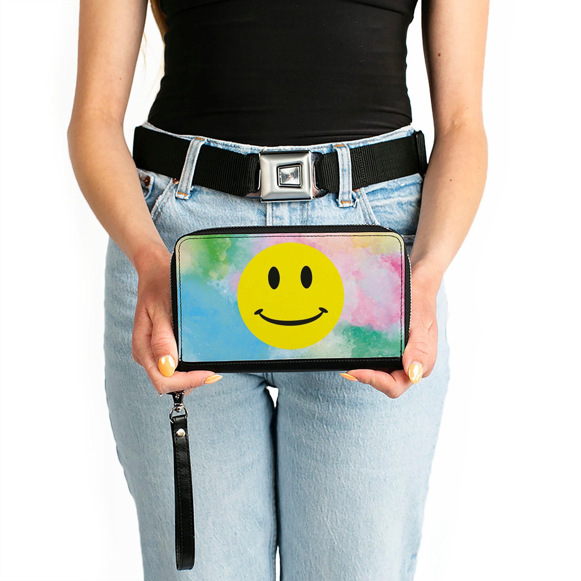 Women's PU Zip Around Wallet Rectangle - Smiley Face Tie Dye Blues Greens Pinks Yellows Clutch Zip Around Wallets Buckle-Down   