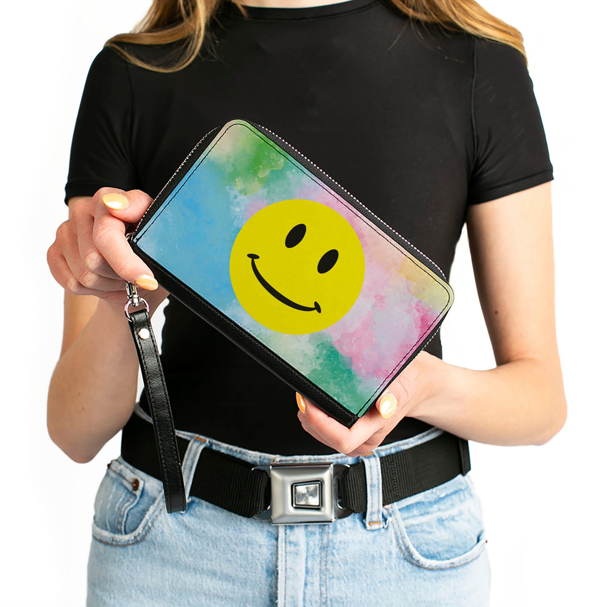 Women's PU Zip Around Wallet Rectangle - Smiley Face Tie Dye Blues Greens Pinks Yellows Clutch Zip Around Wallets Buckle-Down   
