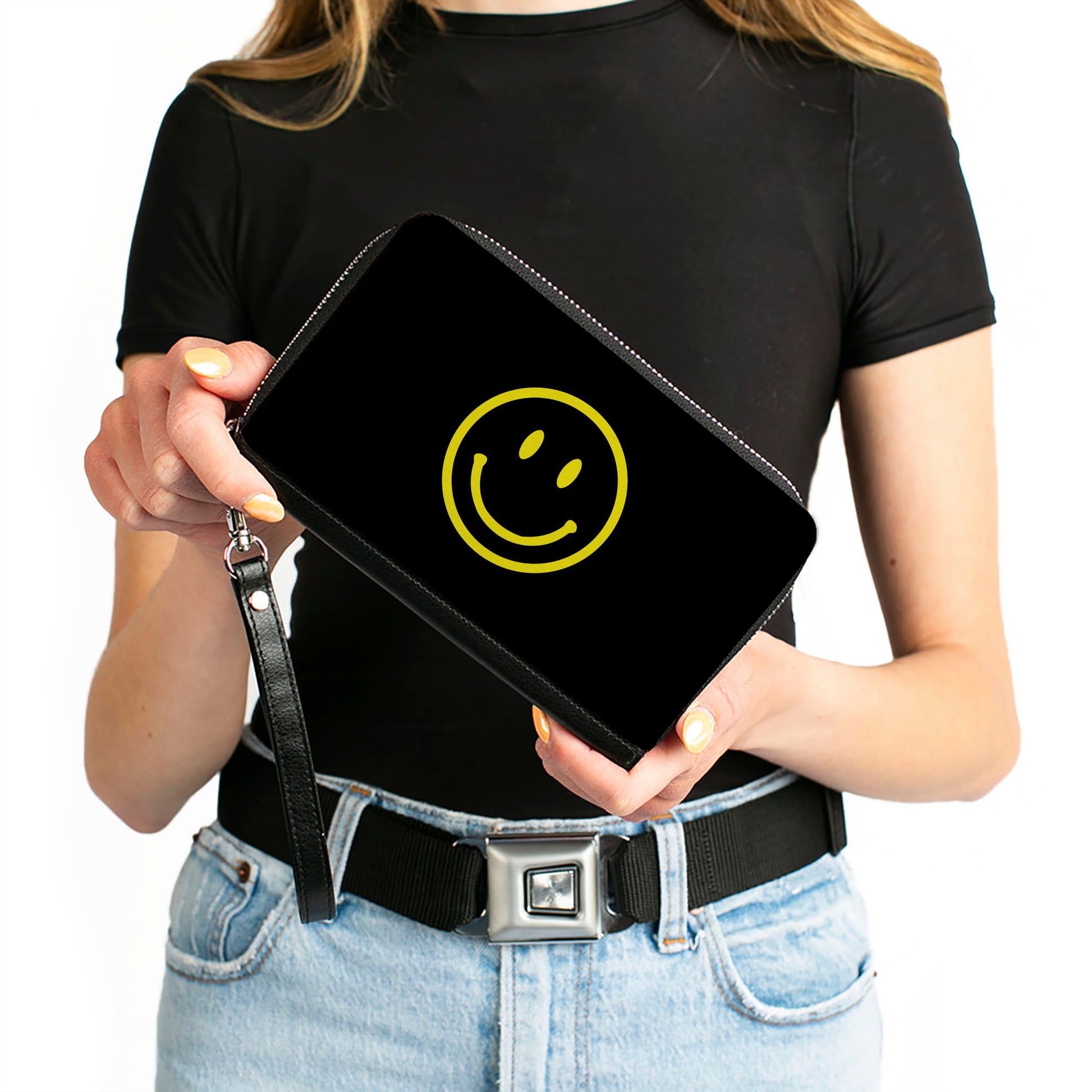 PU Zip Around Wallet Rectangle - Smiley Face Black/Yellow Clutch Zip Around Wallets Buckle-Down   