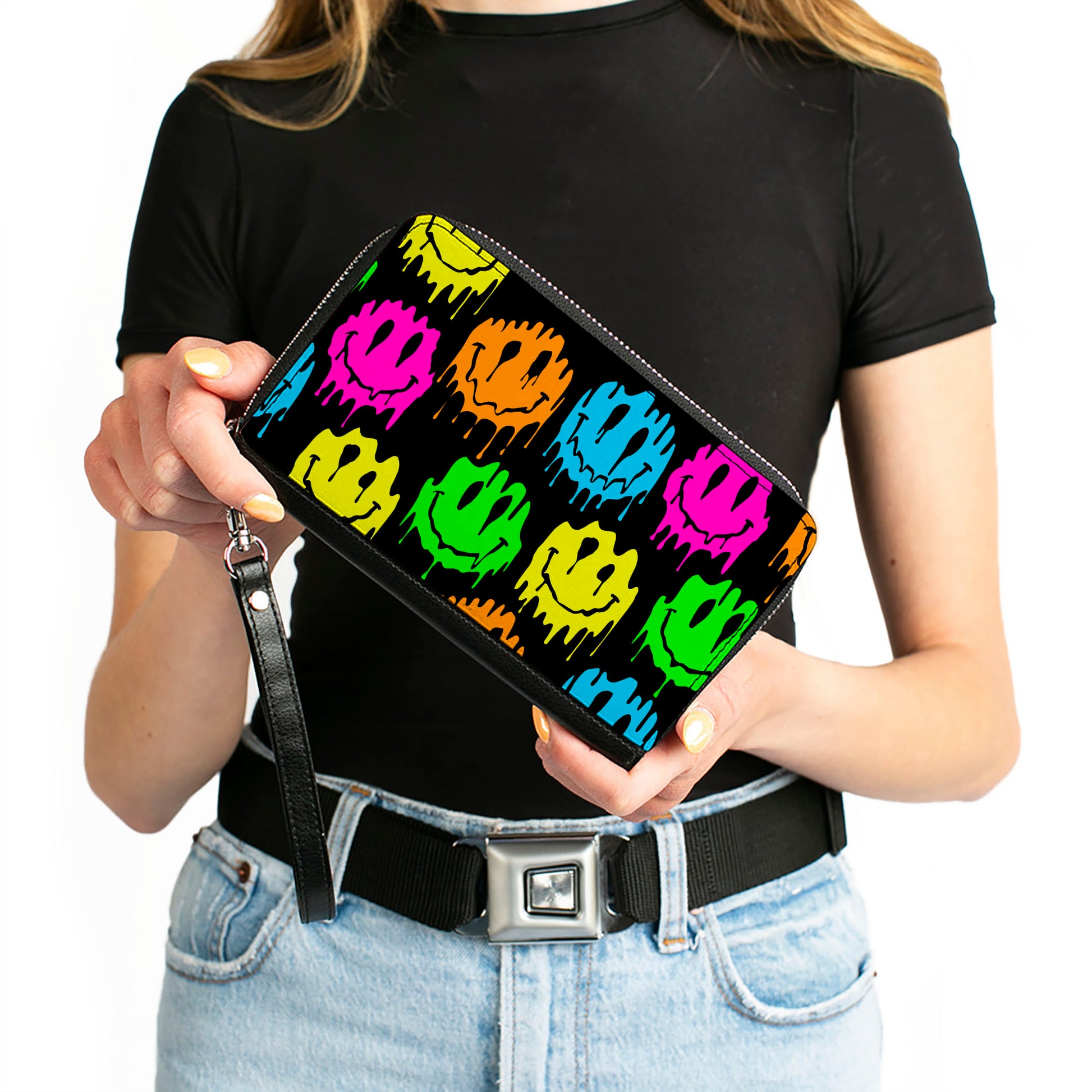 PU Zip Around Wallet Rectangle - Smiley Face Melted Repeat Black Multi Neon Clutch Zip Around Wallets Buckle-Down   