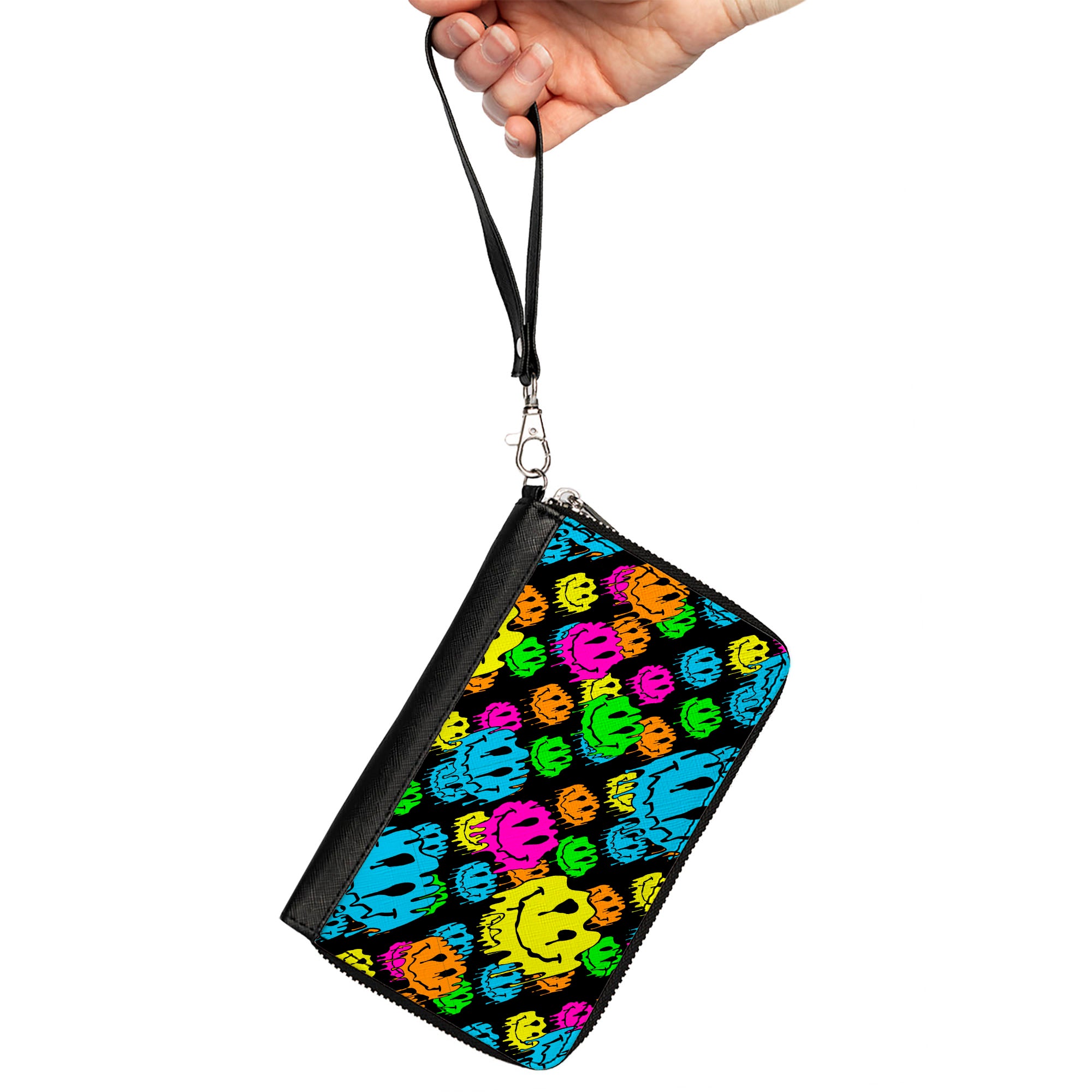 PU Zip Around Wallet Rectangle - Smiley Faces Melted Stacked Black Multi Neon Clutch Zip Around Wallets Buckle-Down   