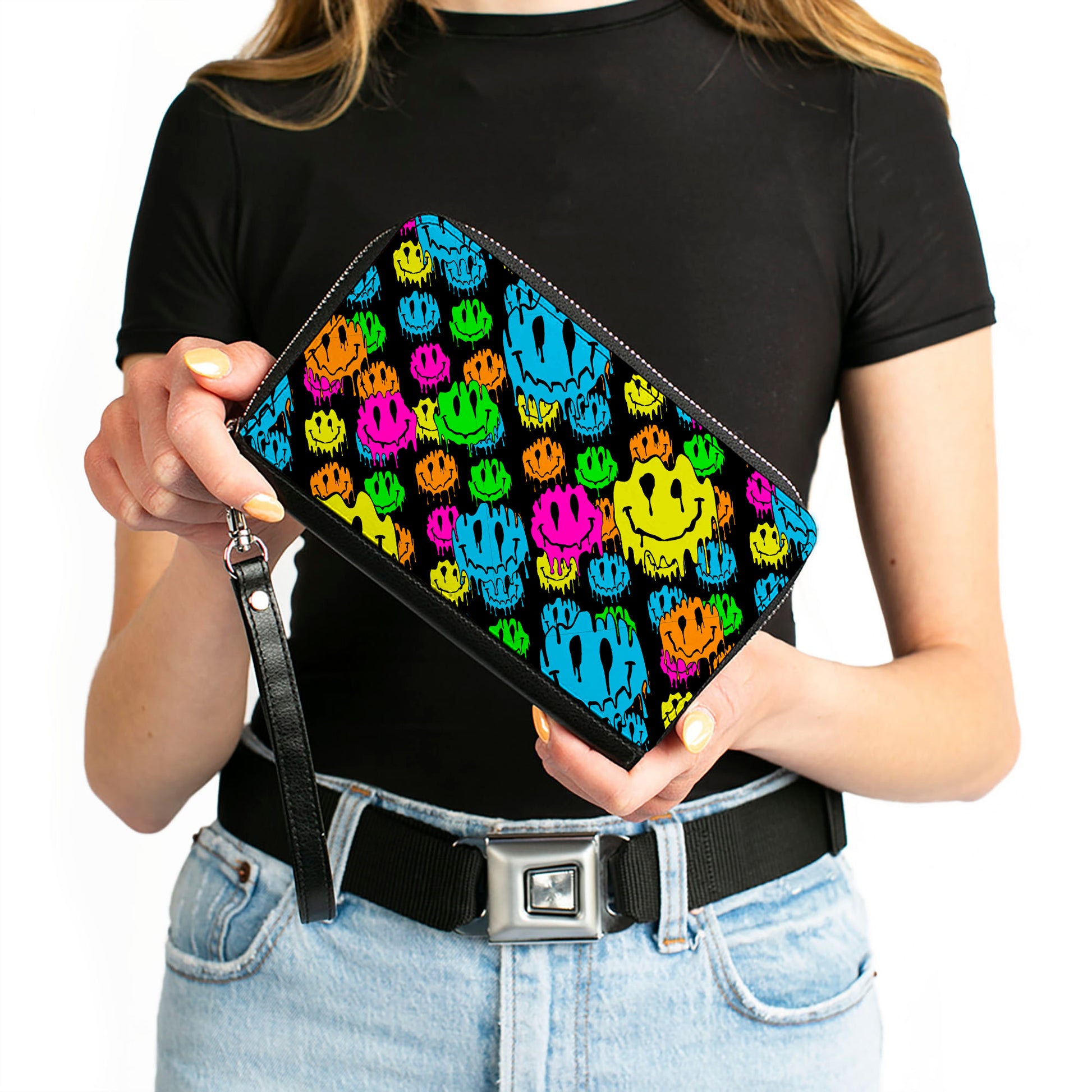 PU Zip Around Wallet Rectangle - Smiley Faces Melted Stacked Black Multi Neon Clutch Zip Around Wallets Buckle-Down   