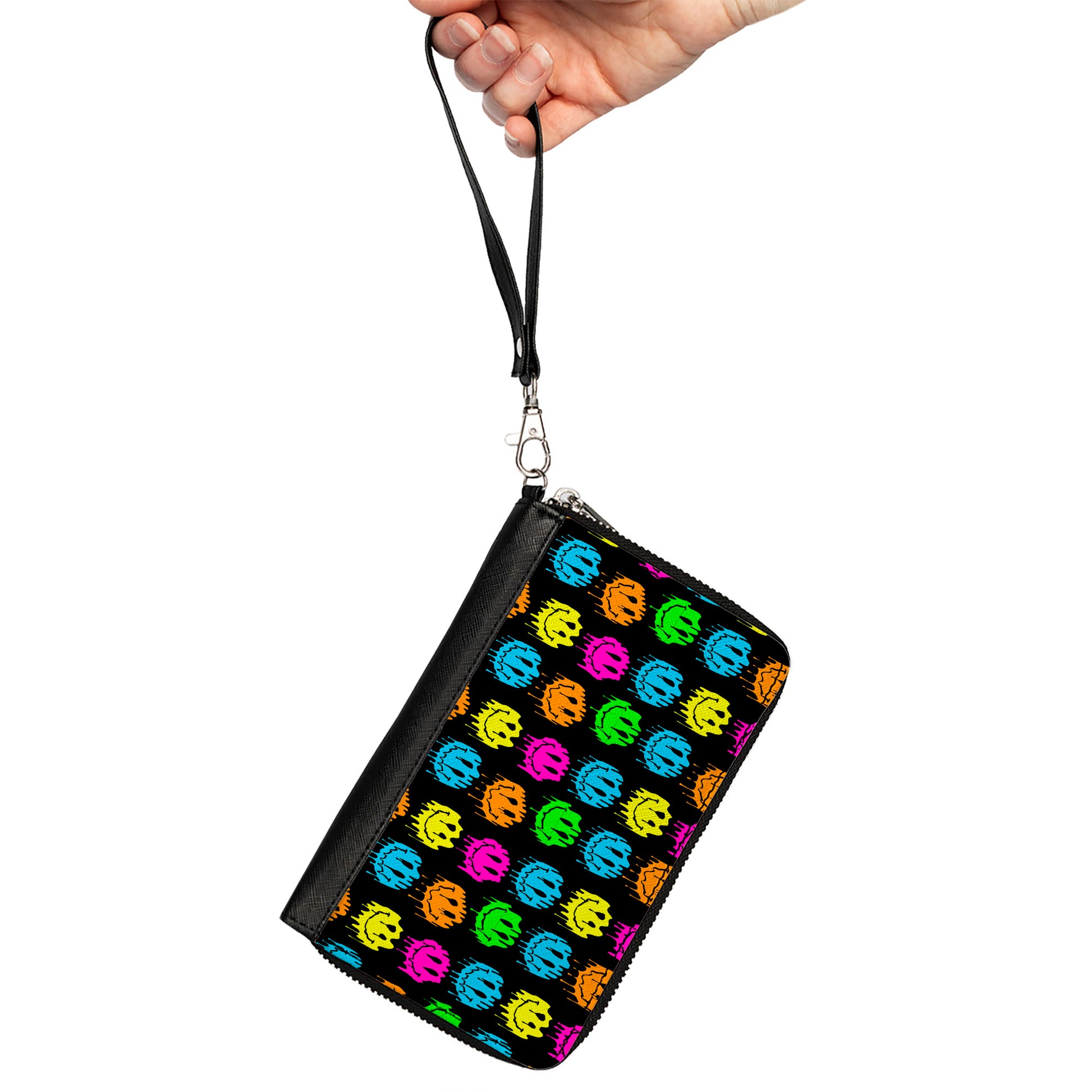 PU Zip Around Wallet Rectangle - Smiley Faces Melted Mini Repeat Black Multi Neon Clutch Zip Around Wallets Buckle-Down   