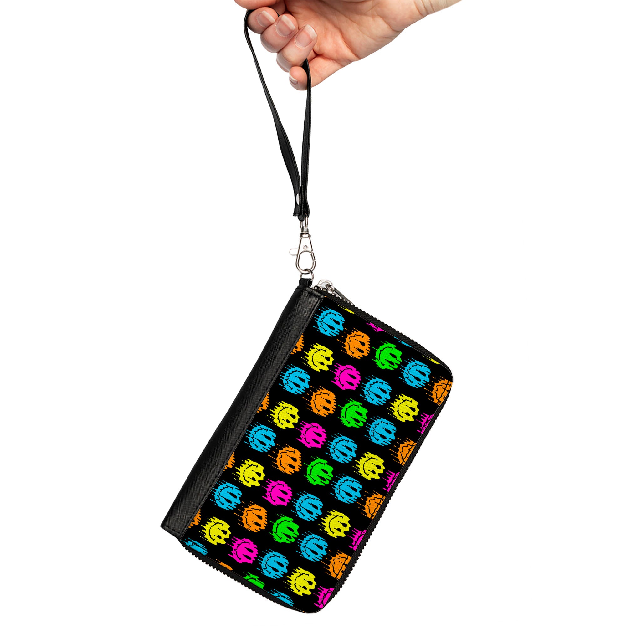 PU Zip Around Wallet Rectangle - Smiley Faces Melted Mini Repeat Black Multi Neon Clutch Zip Around Wallets Buckle-Down   