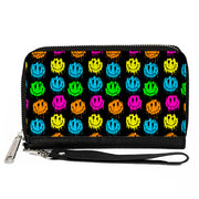 PU Zip Around Wallet Rectangle - Smiley Faces Melted Mini Repeat Black Multi Neon Clutch Zip Around Wallets Buckle-Down   