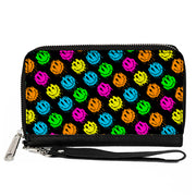 PU Zip Around Wallet Rectangle - Smiley Faces Melted Mini Repeat Angle Black Multi Neon Clutch Zip Around Wallets Buckle-Down   