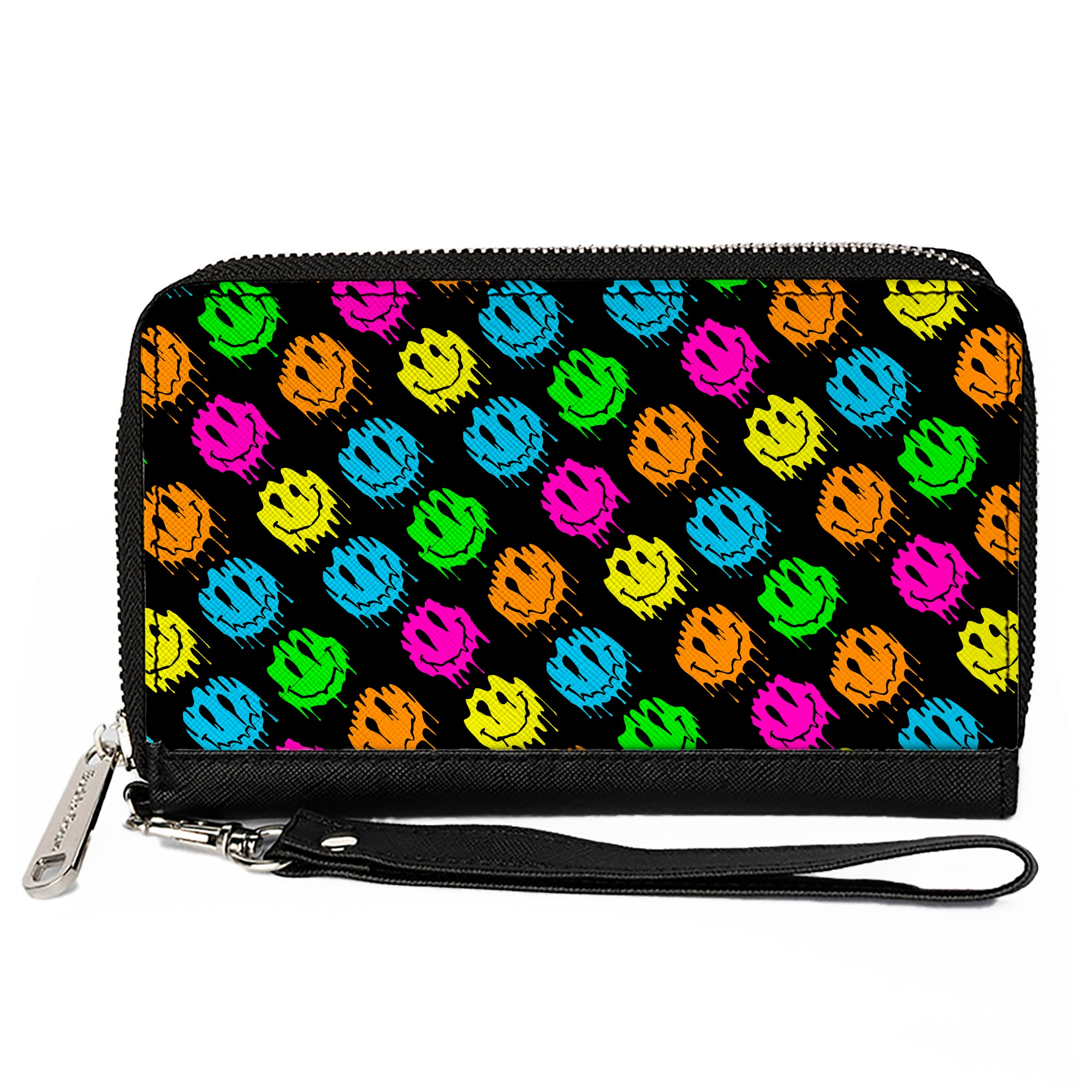 PU Zip Around Wallet Rectangle - Smiley Faces Melted Mini Repeat Angle Black Multi Neon Clutch Zip Around Wallets Buckle-Down   