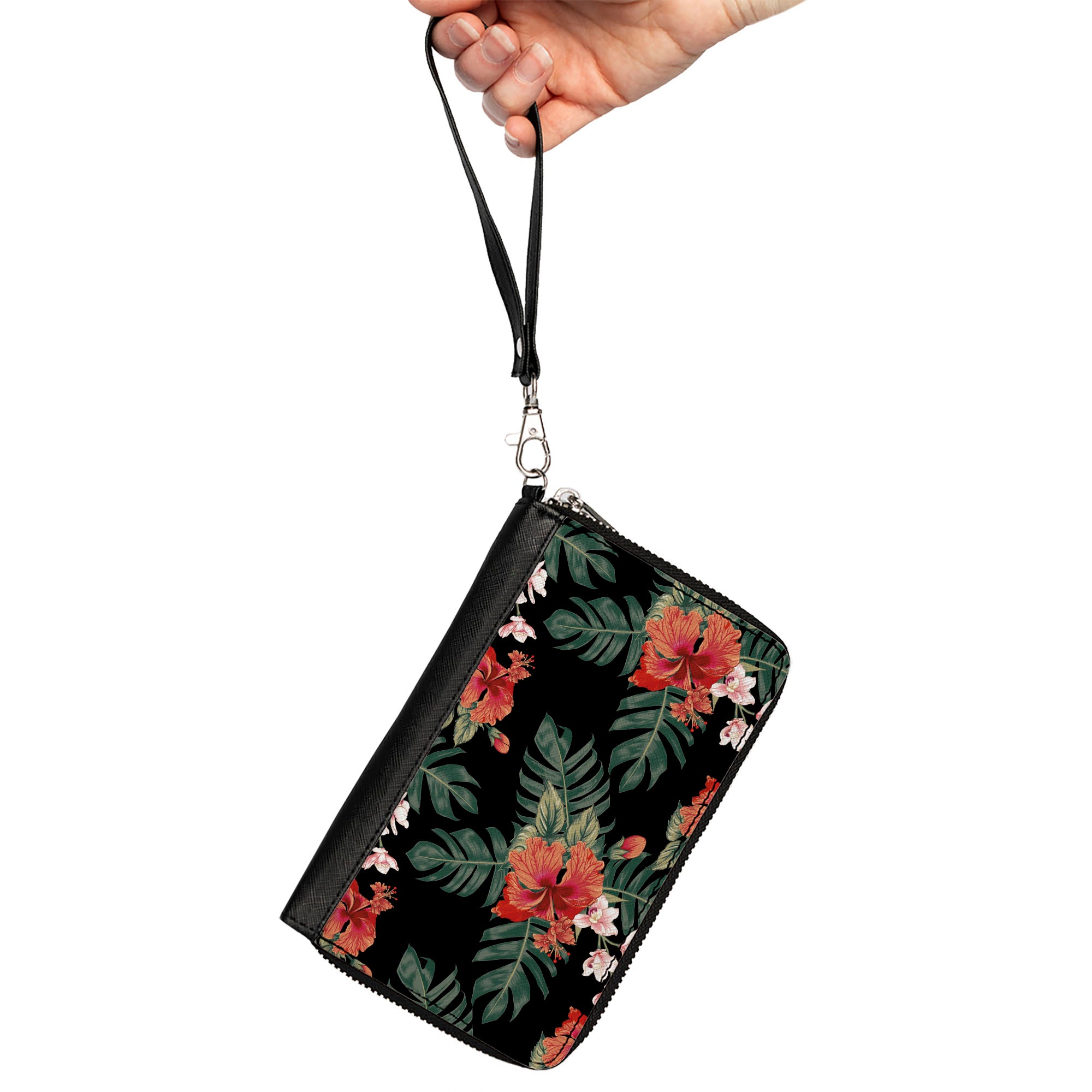 PU Zip Around Wallet Rectangle - Tropical Flora Black/Greens/Reds Clutch Zip Around Wallets Buckle-Down   