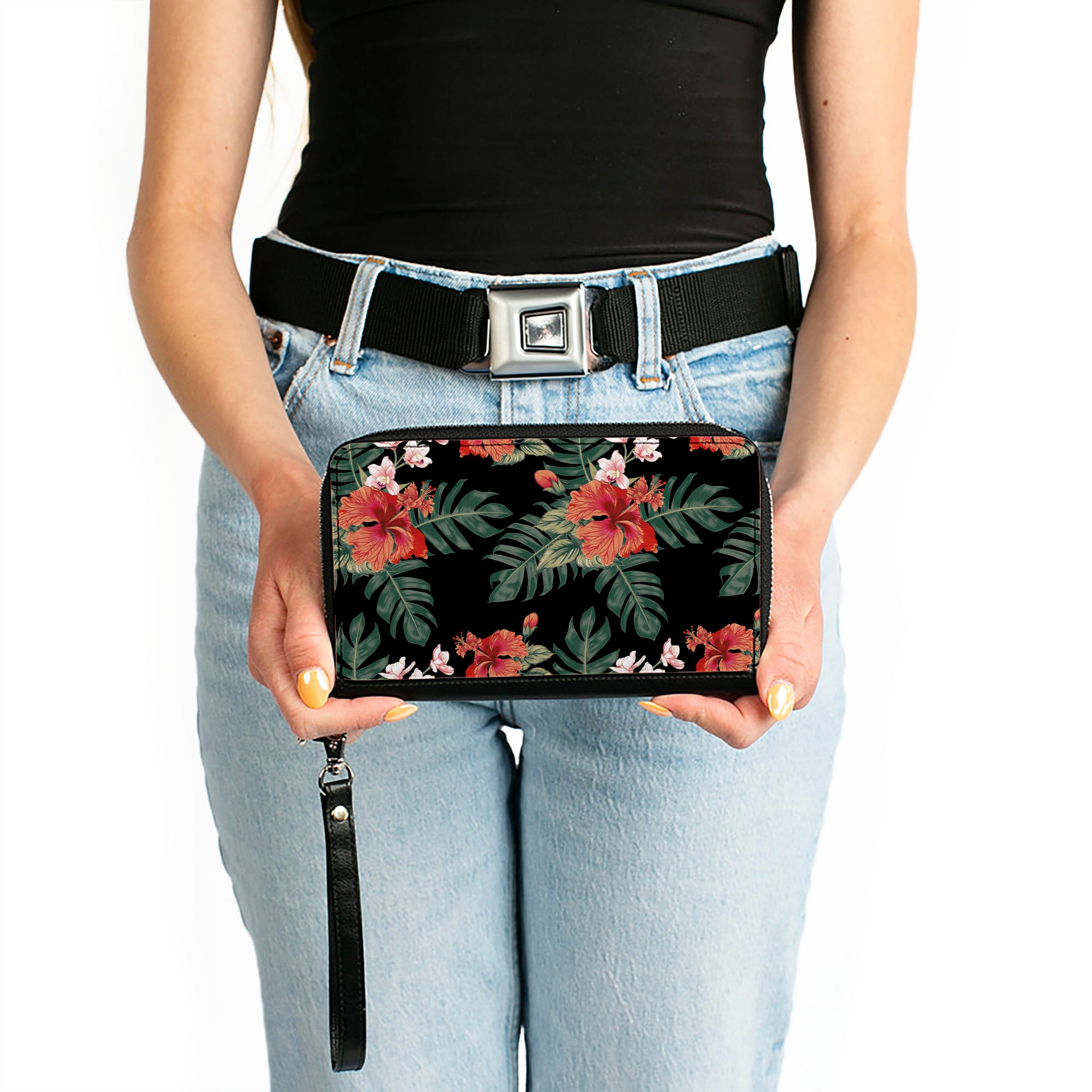 PU Zip Around Wallet Rectangle - Tropical Flora Black/Greens/Reds Clutch Zip Around Wallets Buckle-Down   