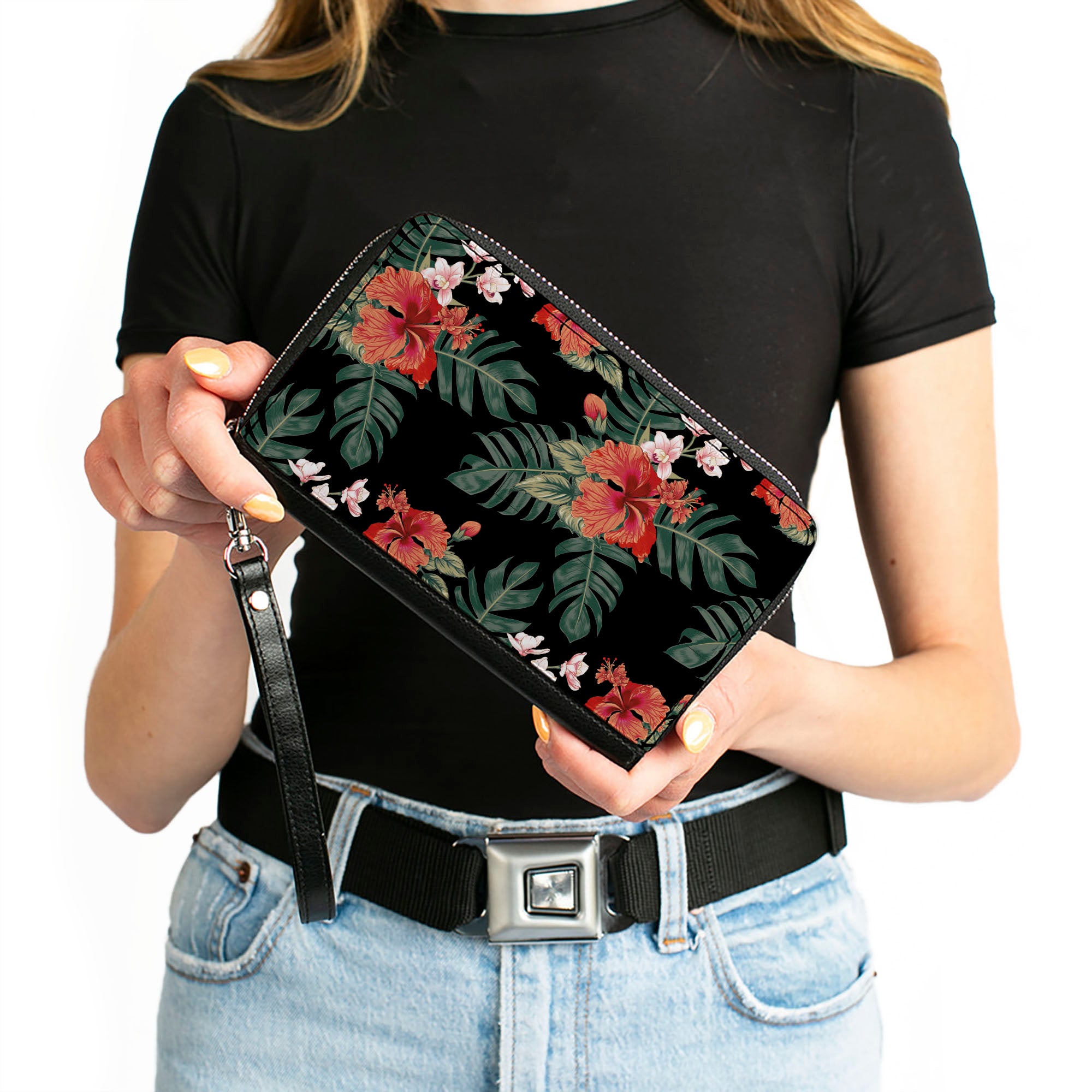PU Zip Around Wallet Rectangle - Tropical Flora Black/Greens/Reds Clutch Zip Around Wallets Buckle-Down   