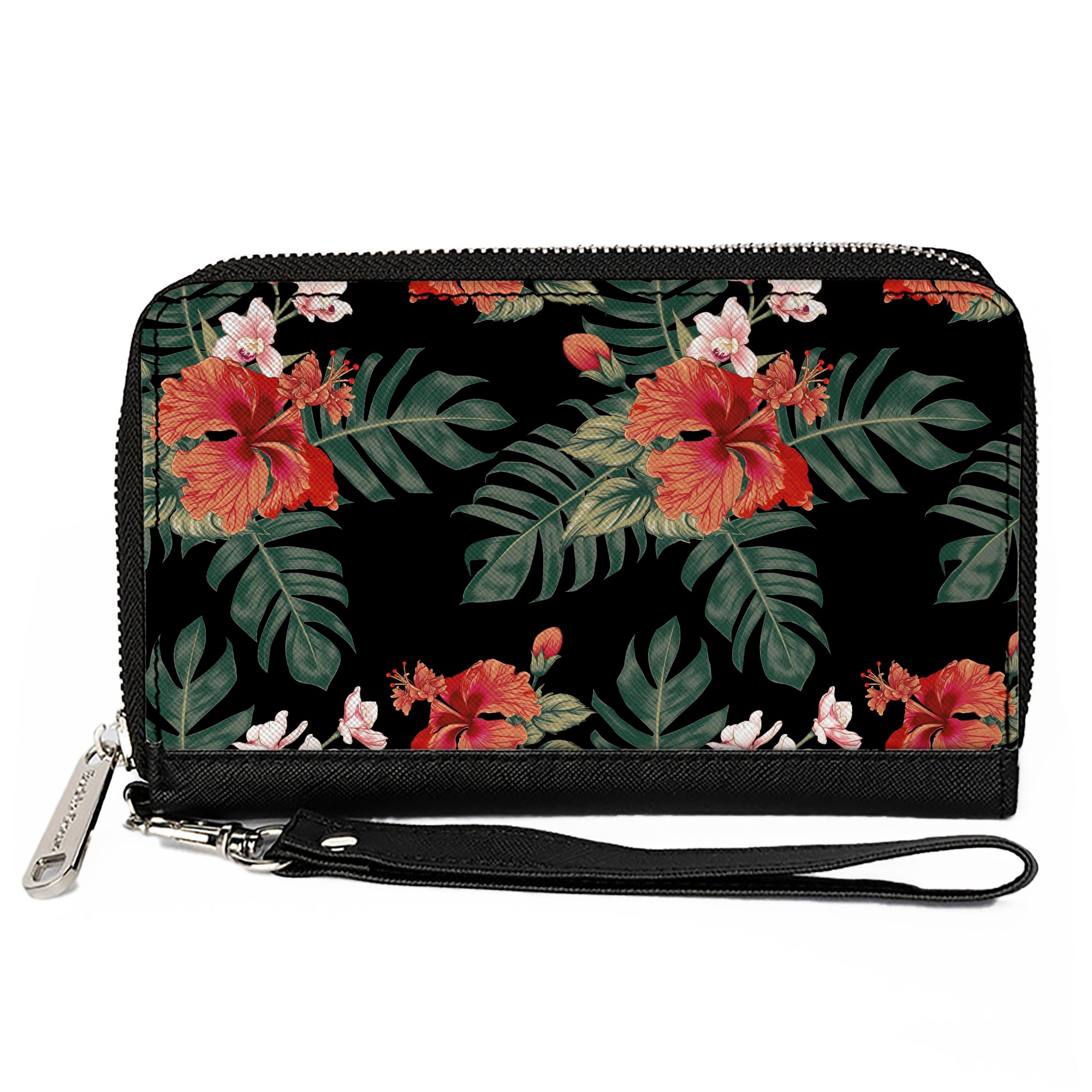 PU Zip Around Wallet Rectangle - Tropical Flora Black/Greens/Reds Clutch Zip Around Wallets Buckle-Down   