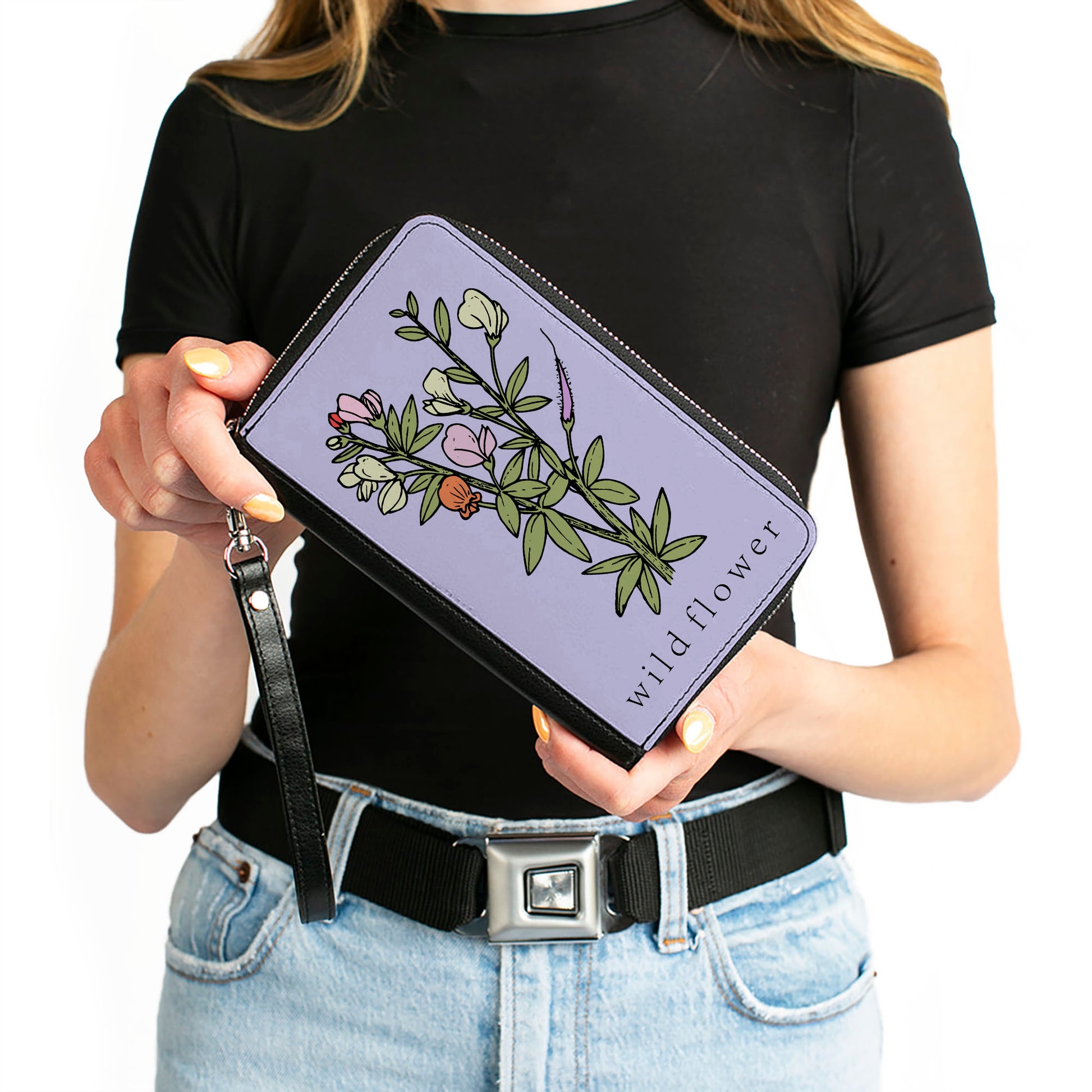 Women's PU Zip Around Wallet Rectangle - WILD FLOWER Floral Bouquet Lavender Clutch Zip Around Wallets Buckle-Down   