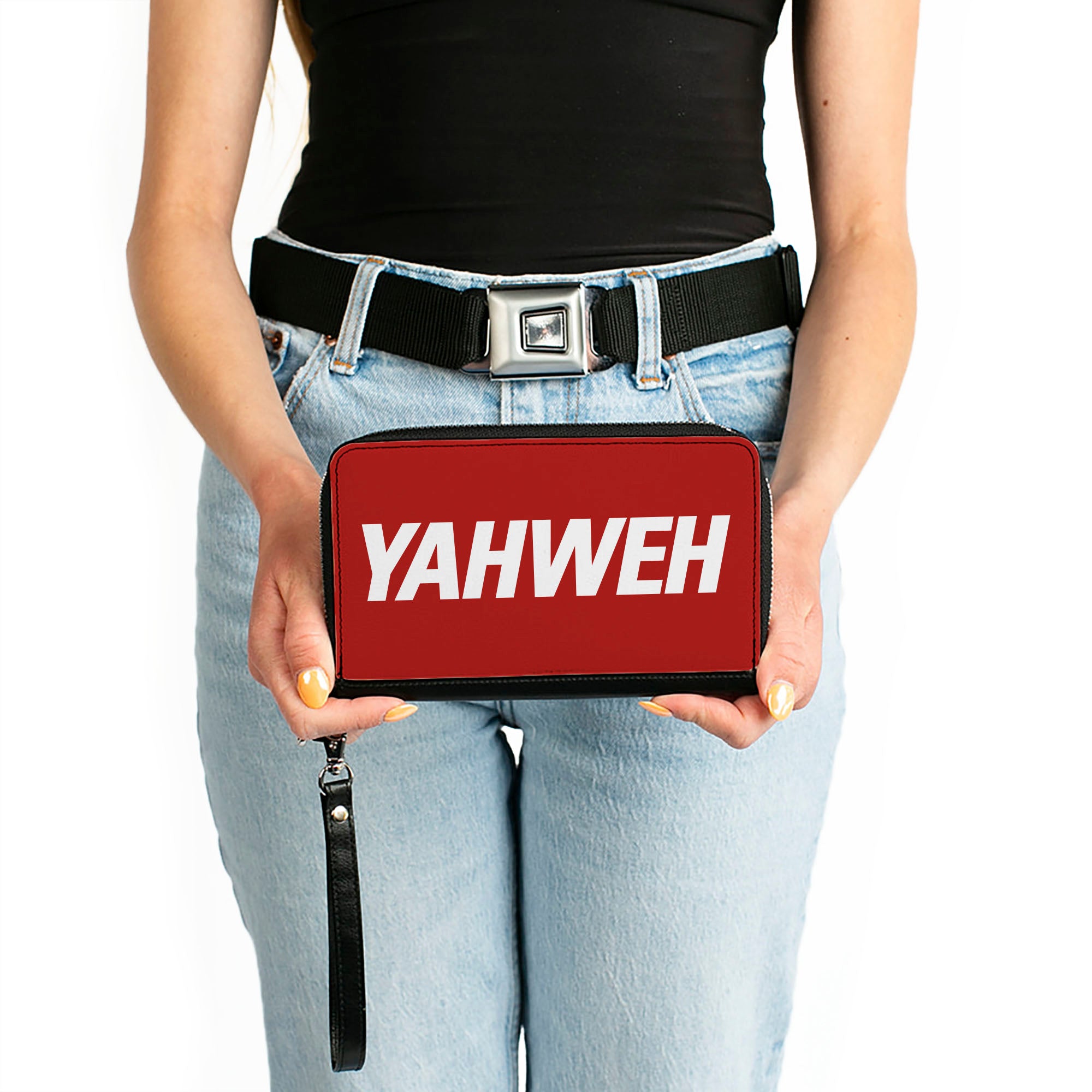 PU Zip Around Wallet Rectangle - YAHWEH Text Red White Clutch Zip Around Wallets Buckle-Down   