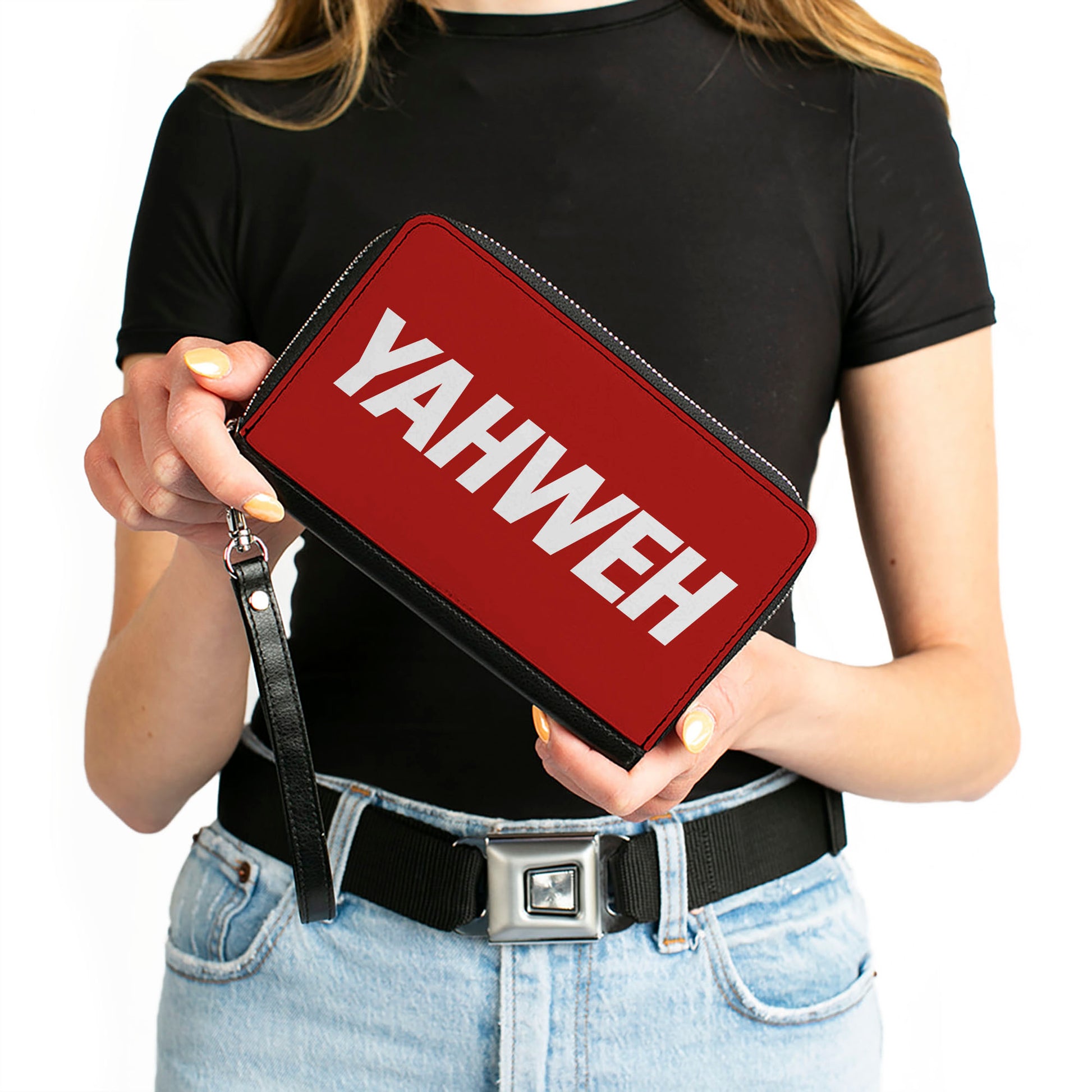 PU Zip Around Wallet Rectangle - YAHWEH Text Red White Clutch Zip Around Wallets Buckle-Down   