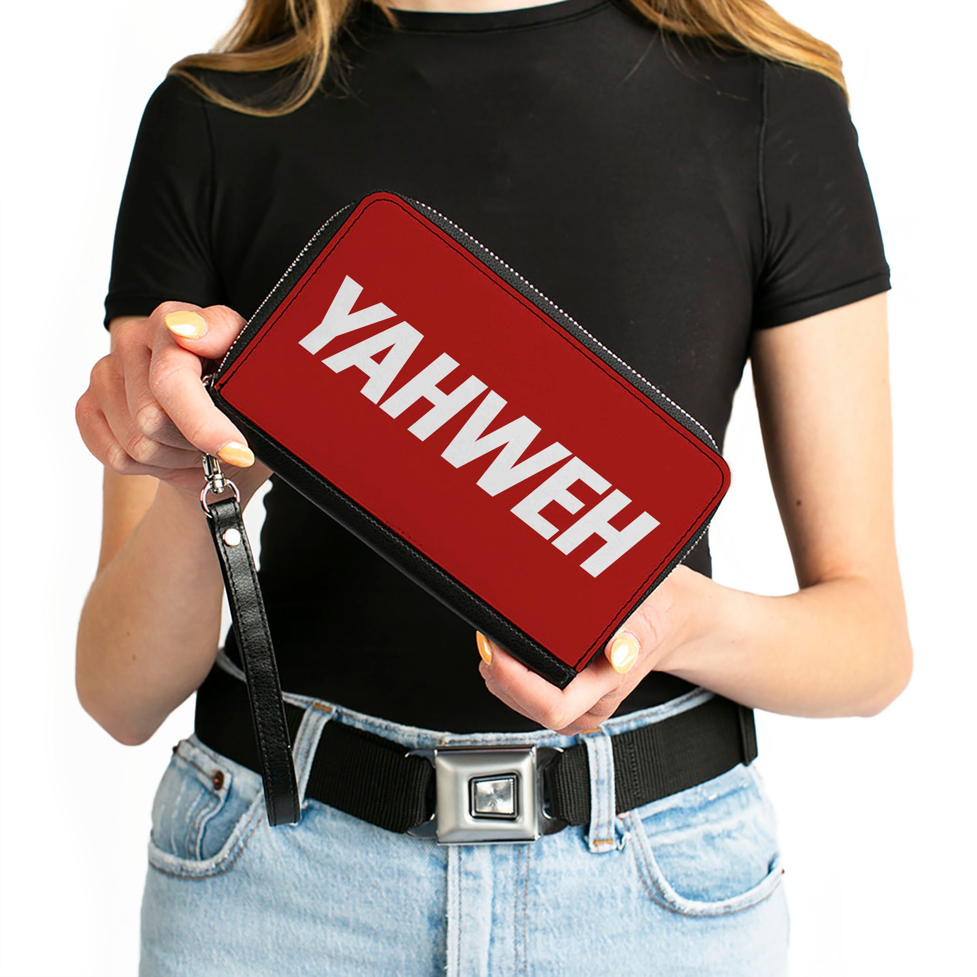 PU Zip Around Wallet Rectangle - YAHWEH Text Red White Clutch Zip Around Wallets Buckle-Down   