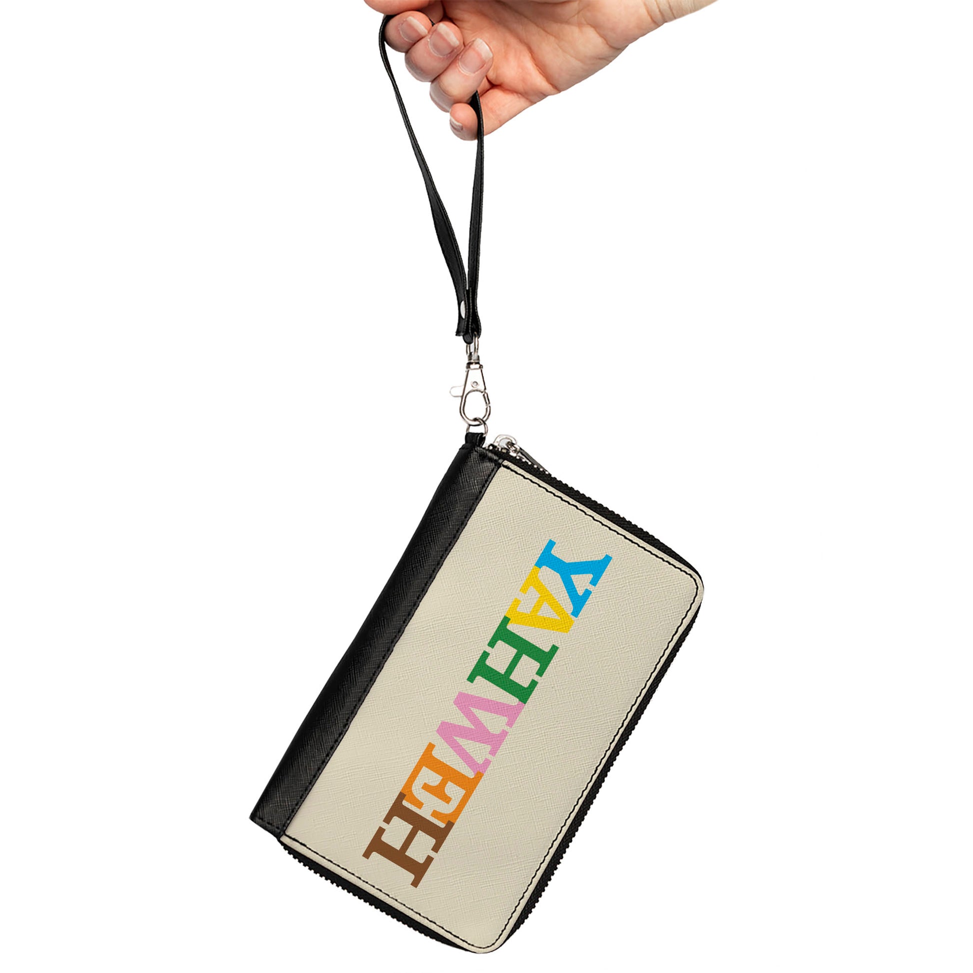 PU Zip Around Wallet Rectangle - YAHWEH Text Beige Multi Color Clutch Zip Around Wallets Buckle-Down   