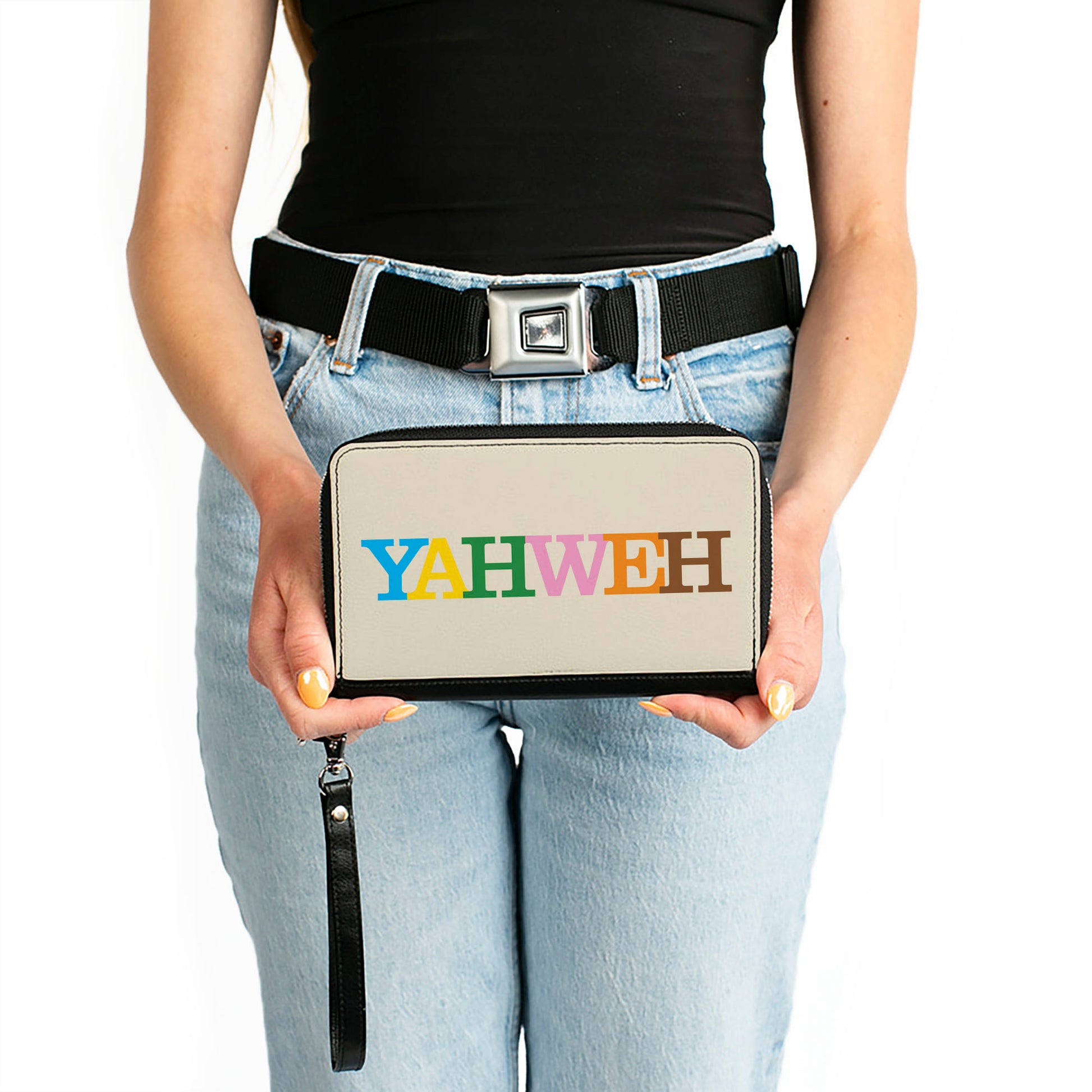 PU Zip Around Wallet Rectangle - YAHWEH Text Beige Multi Color Clutch Zip Around Wallets Buckle-Down   