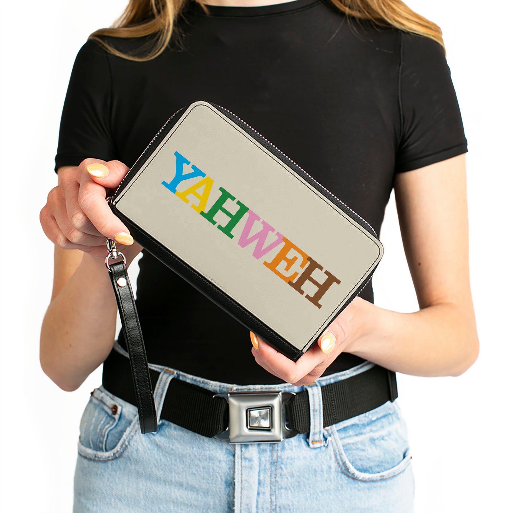 PU Zip Around Wallet Rectangle - YAHWEH Text Beige Multi Color Clutch Zip Around Wallets Buckle-Down   