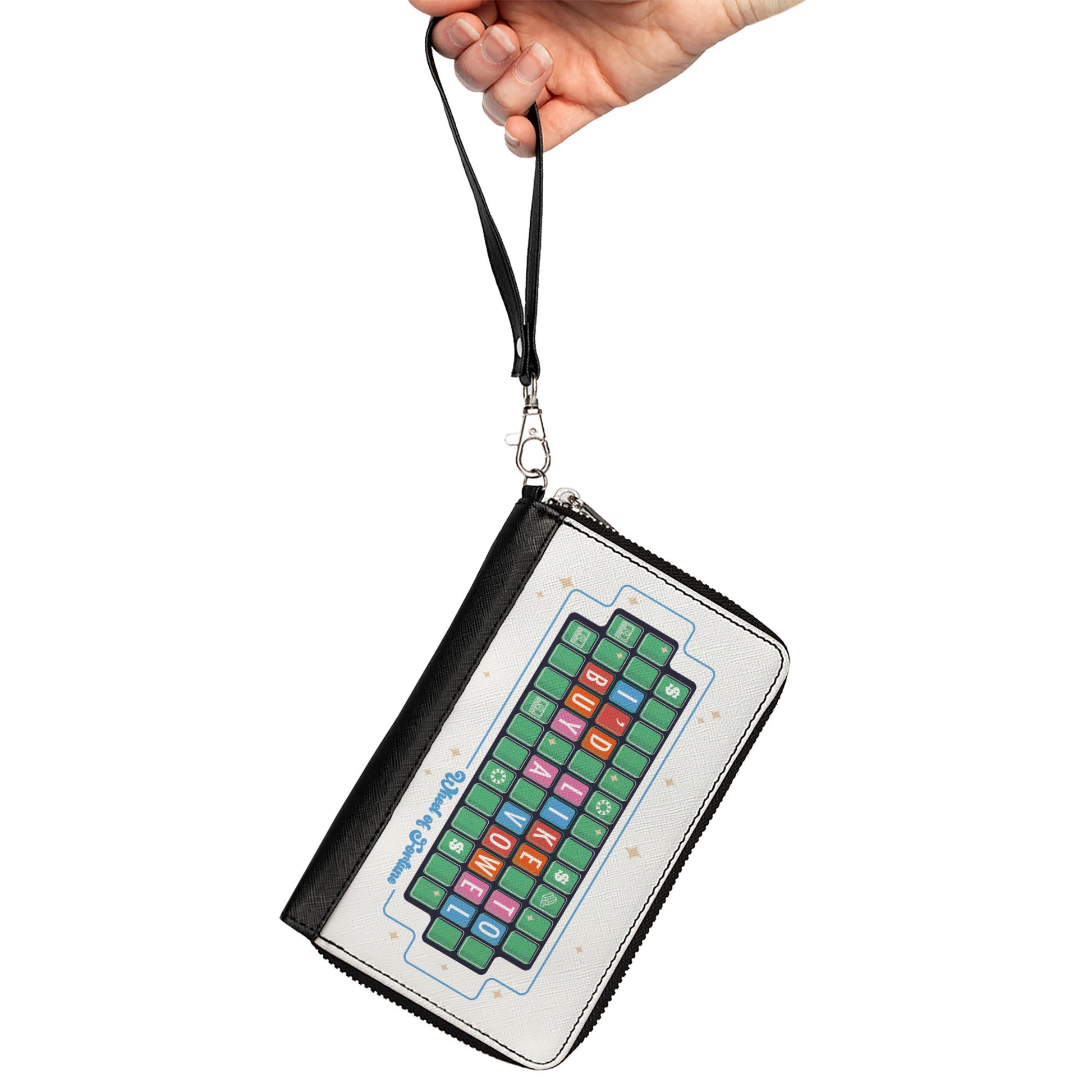 PU Zip Around Wallet Rectangle - WHEEL OF FORTUNE I'D LIKE TO BUY A VOWEL Puzzle White/Blue Clutch Zip Around Wallets Wheel of Fortune