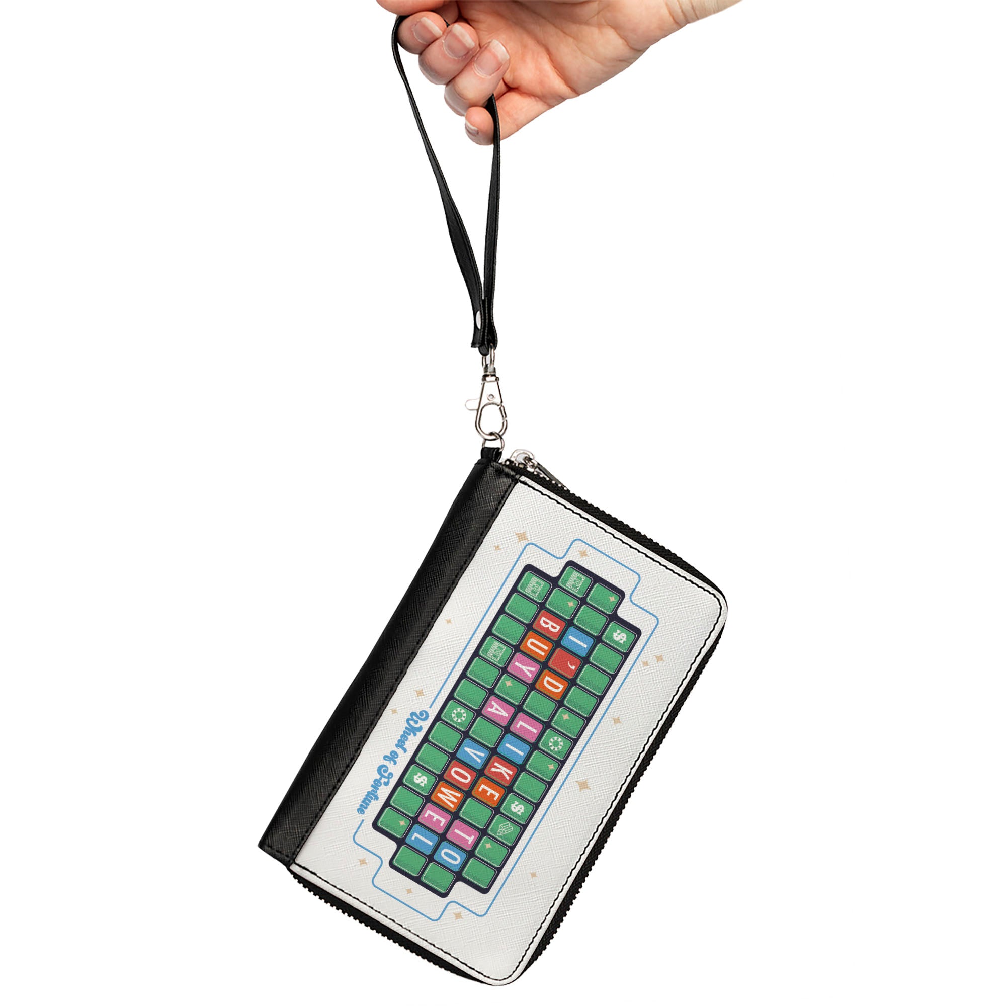 PU Zip Around Wallet Rectangle - WHEEL OF FORTUNE I'D LIKE TO BUY A VOWEL Puzzle White/Blue Clutch Zip Around Wallets Wheel of Fortune