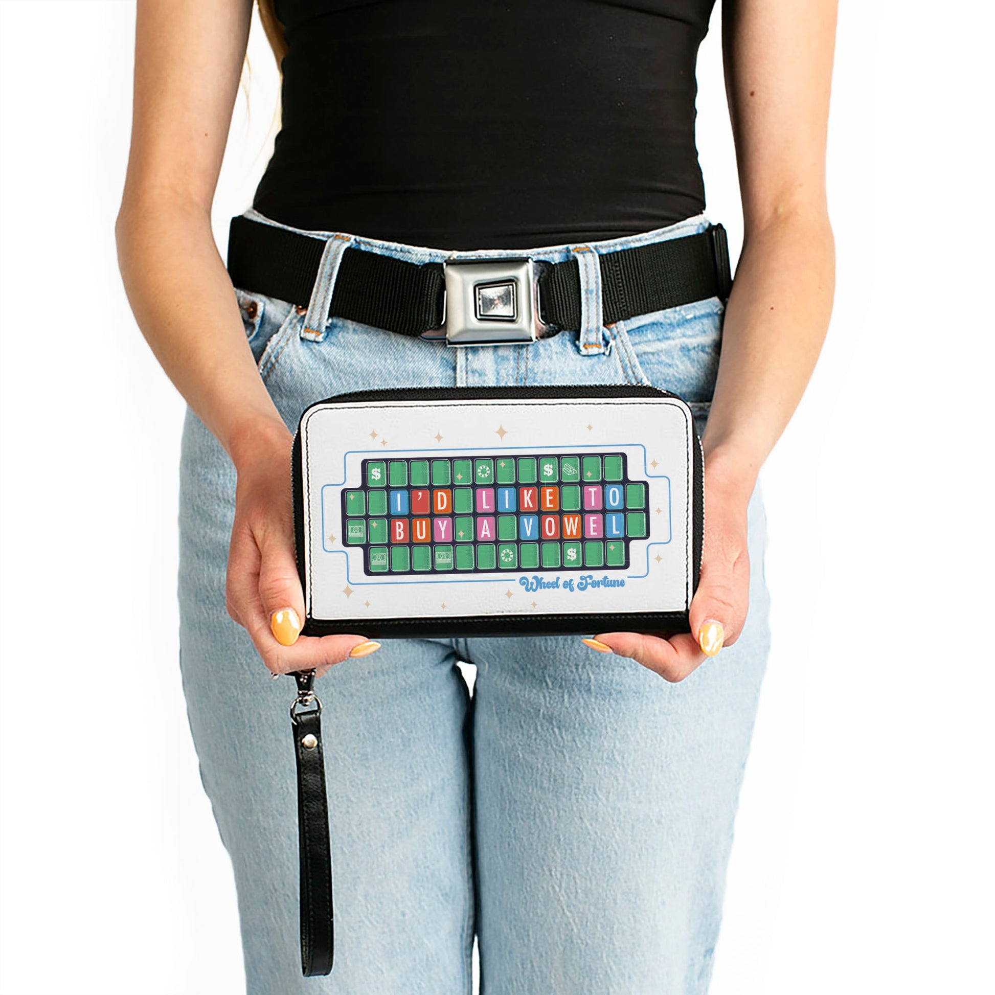 PU Zip Around Wallet Rectangle - WHEEL OF FORTUNE I'D LIKE TO BUY A VOWEL Puzzle White/Blue Clutch Zip Around Wallets Wheel of Fortune