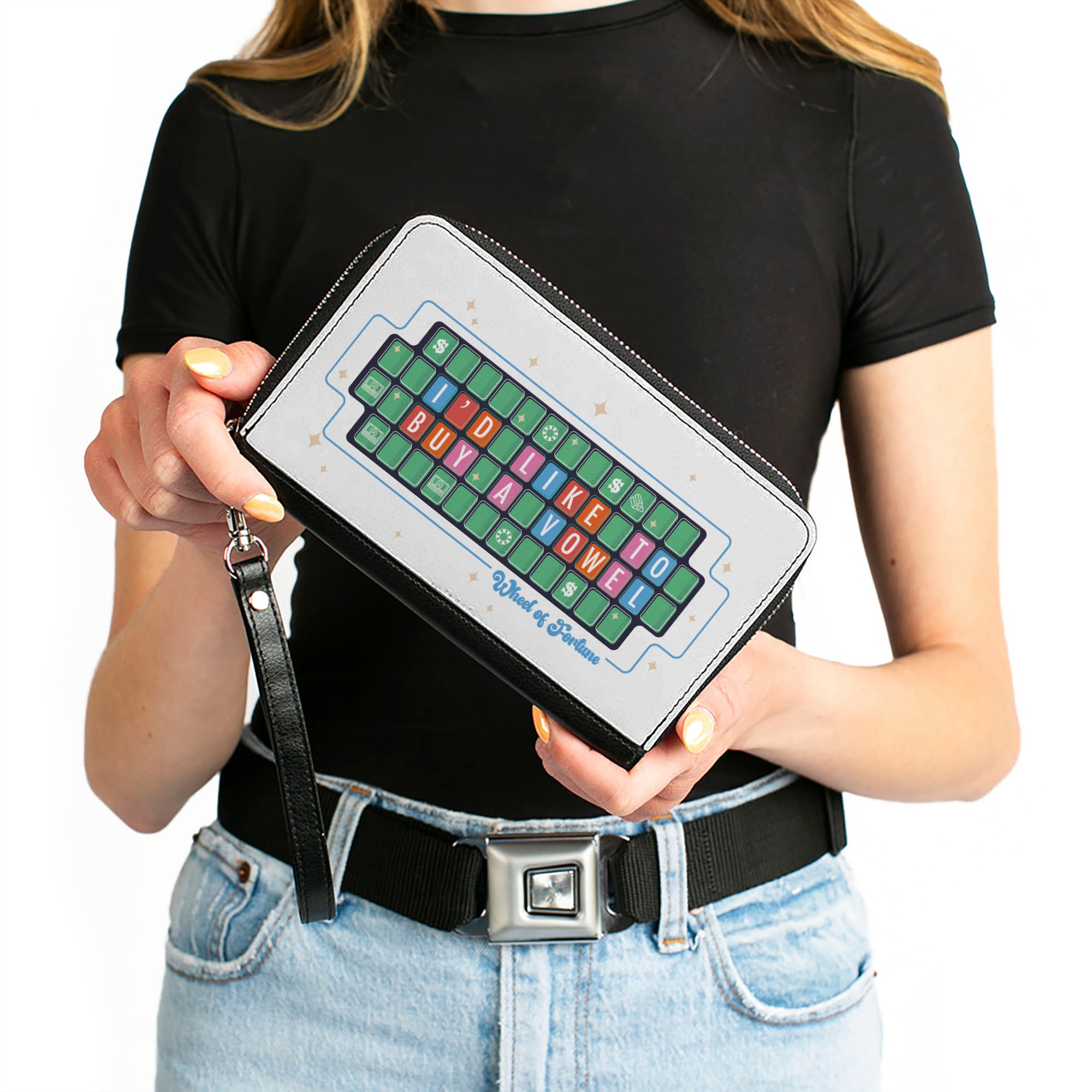 PU Zip Around Wallet Rectangle - WHEEL OF FORTUNE I'D LIKE TO BUY A VOWEL Puzzle White/Blue Clutch Zip Around Wallets Wheel of Fortune