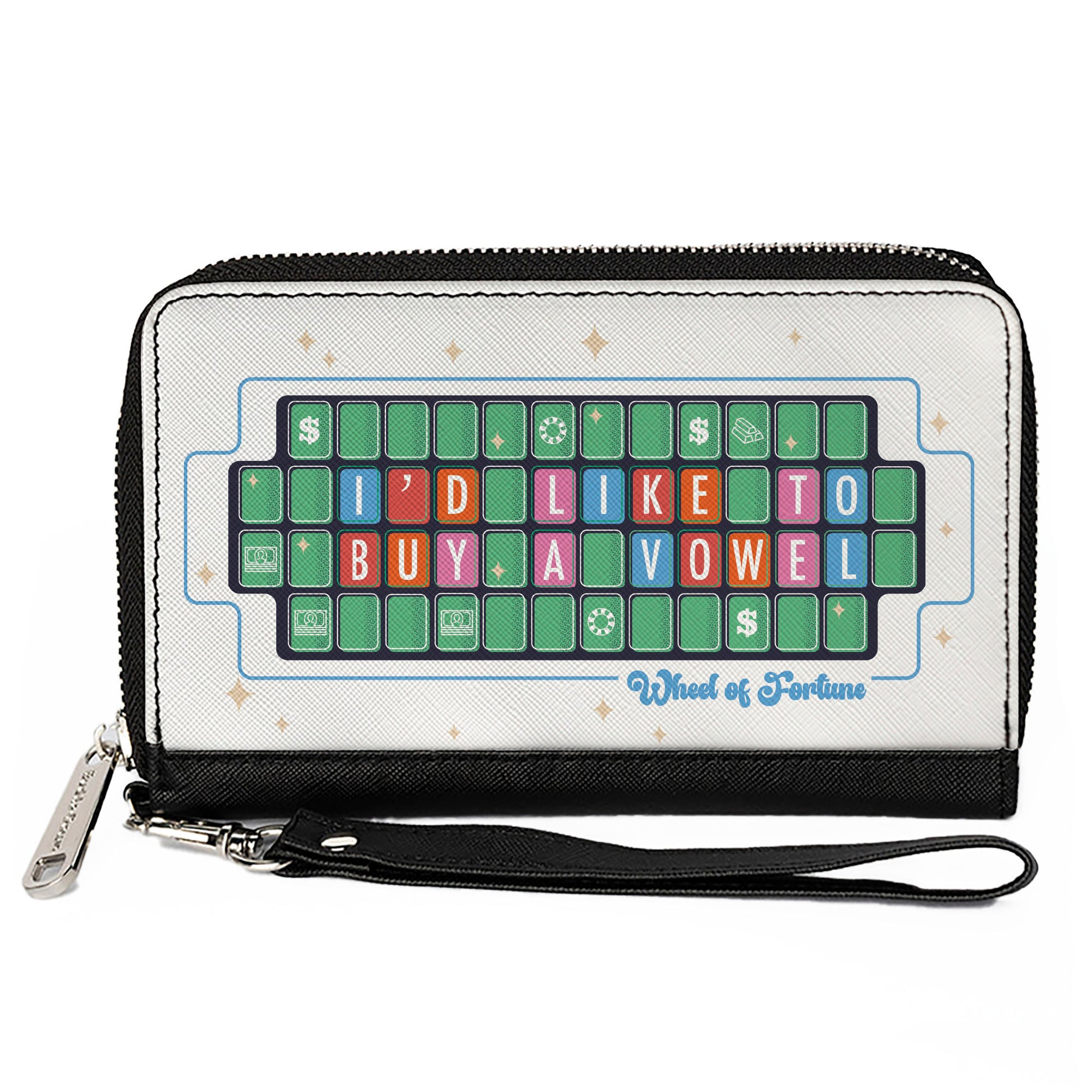 PU Zip Around Wallet Rectangle - WHEEL OF FORTUNE I'D LIKE TO BUY A VOWEL Puzzle White/Blue Clutch Zip Around Wallets Wheel of Fortune