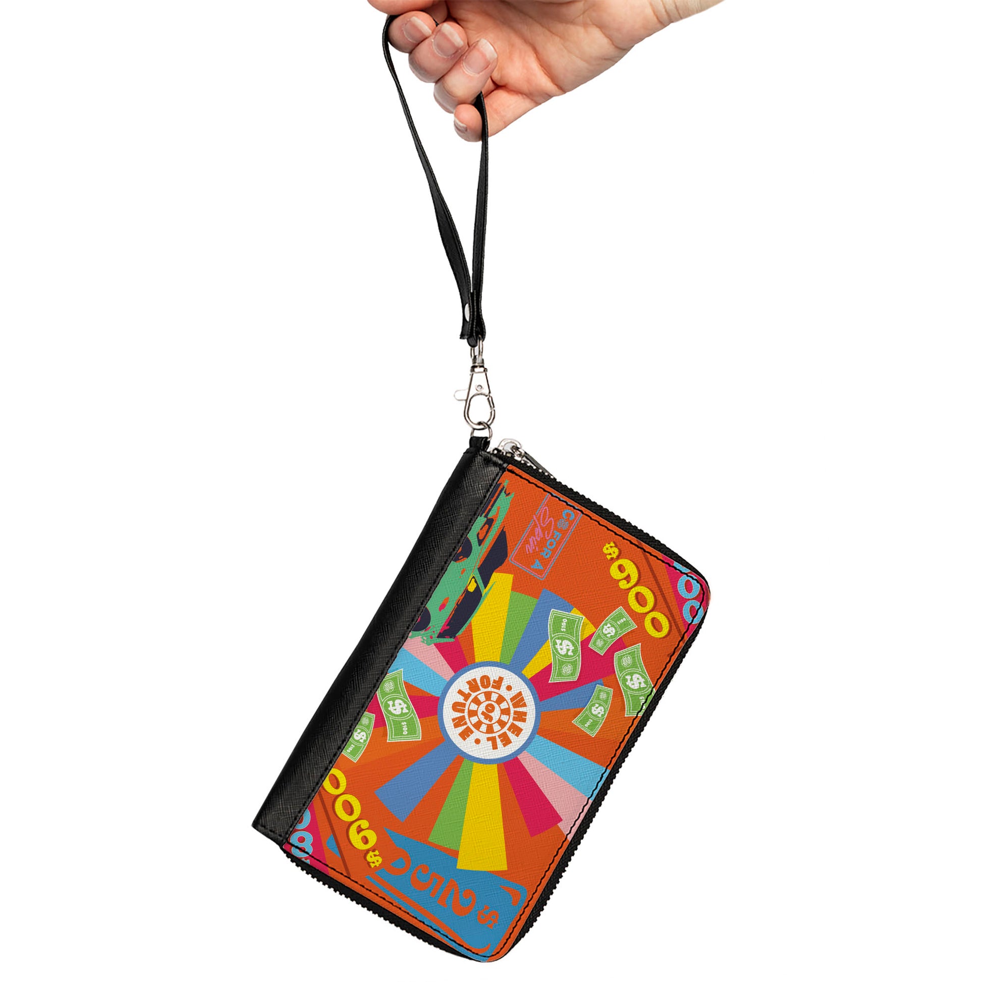 PU Zip Around Wallet Rectangle - WHEEL OF FORTUNE Prizes Collage Multi Color Clutch Zip Around Wallets Wheel of Fortune